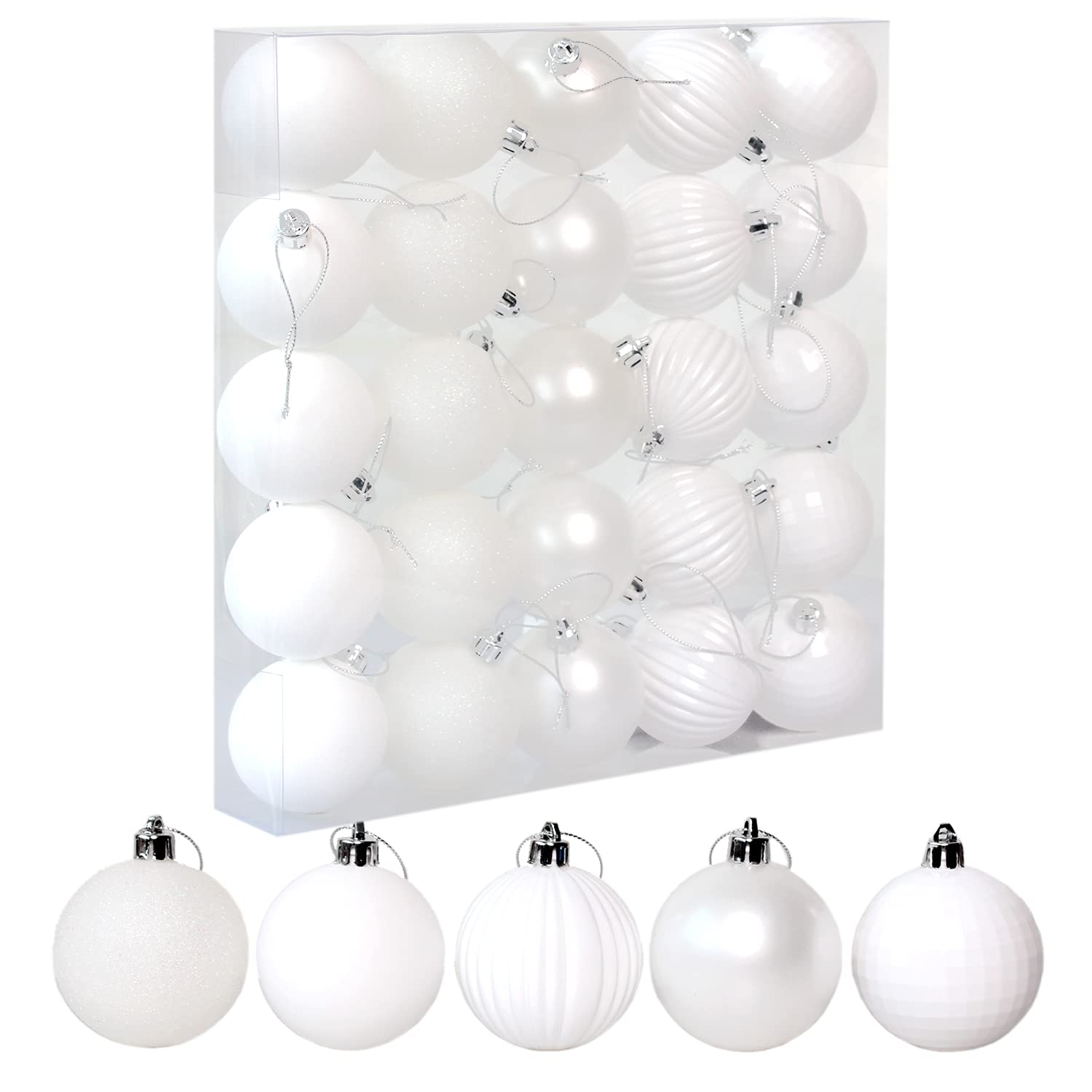 25 Pack Christmas Ball Ornaments - 2.36 Inch (60mm) White Hanging Tree Decorations, 5 Unique Styles for Holiday Party & Home Decor - Perfect for Christmas Trees, Wreaths, and Festive Centerpieces