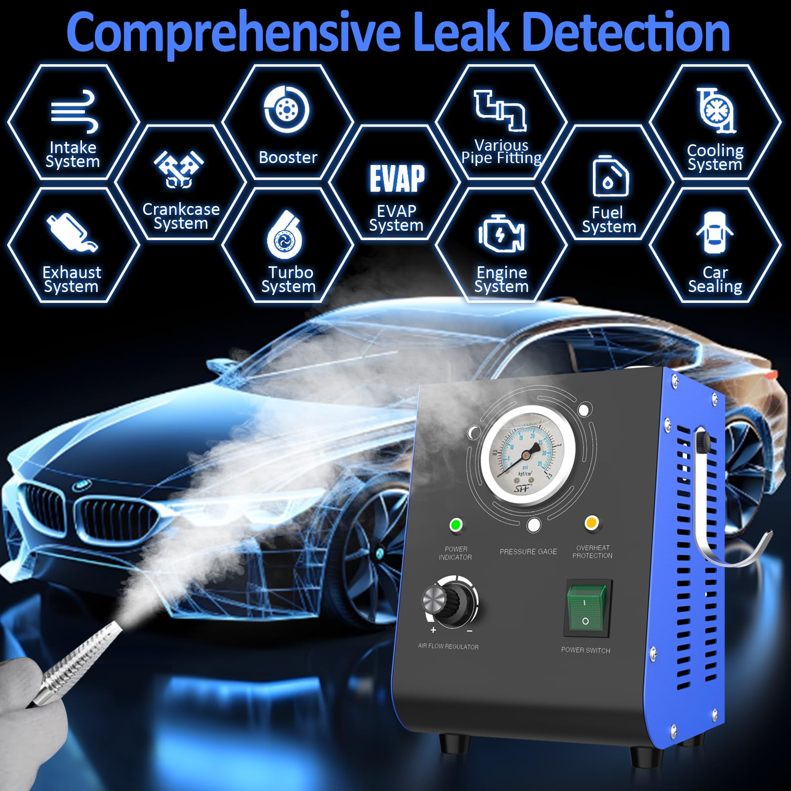 Automotive Smoke Machine Leak Detector with Built-in Air Pump | EVAP Smoke Tester with Adjustable Pressure Gauge | 12V DC Vehicle Pipe System Diagnostic Tool | Perfect for Detecting Vacuum Leaks in Cars, Trucks & SUVs