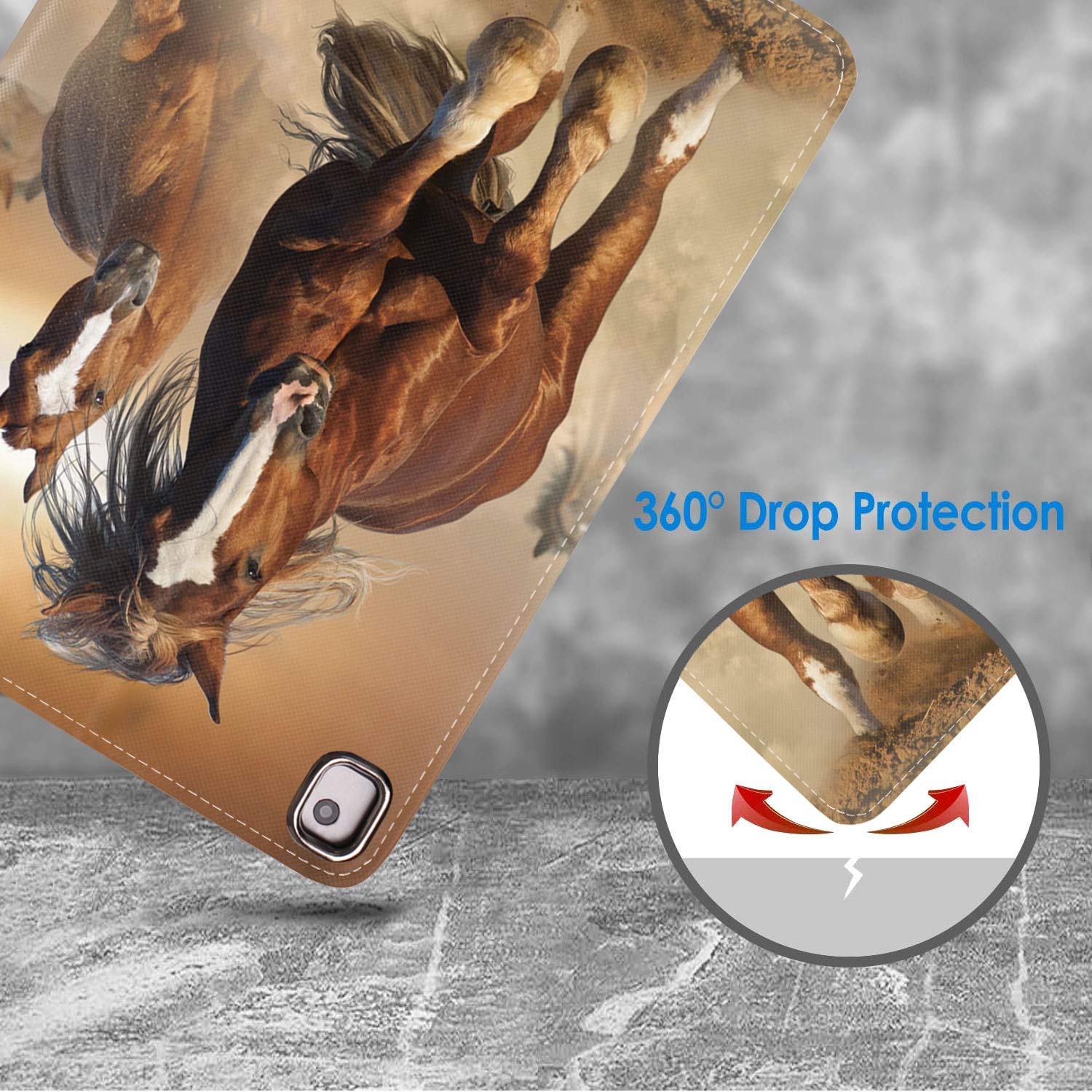 Premium Adjustable Multi-Angle Folio Stand Case with Auto Wake/Sleep for iPad 9.7 (2017/2018), iPad Air 1/2, iPad 5th/6th Gen - Running Horse Design | Perfect for Work, Study & Entertainment | Includes Bonus Coasters