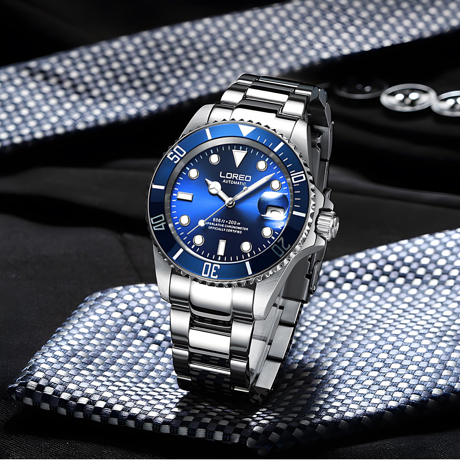 LOREO Men's Automatic Watch - Silver Stainless Steel, Sapphire Glass, Black Rotating Bezel | Luxury Dress Watch for Business, Formal Events & Everyday Wear