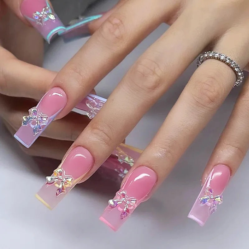 24Pcs French Tip Press on Nails - Long Glitter Rhinestone False Nails with 3D Bow Tie Designs | Wearable Y2K Fake Nails Kit Includes Jelly Glue | Perfect for Parties, Weddings, and Special Occasions