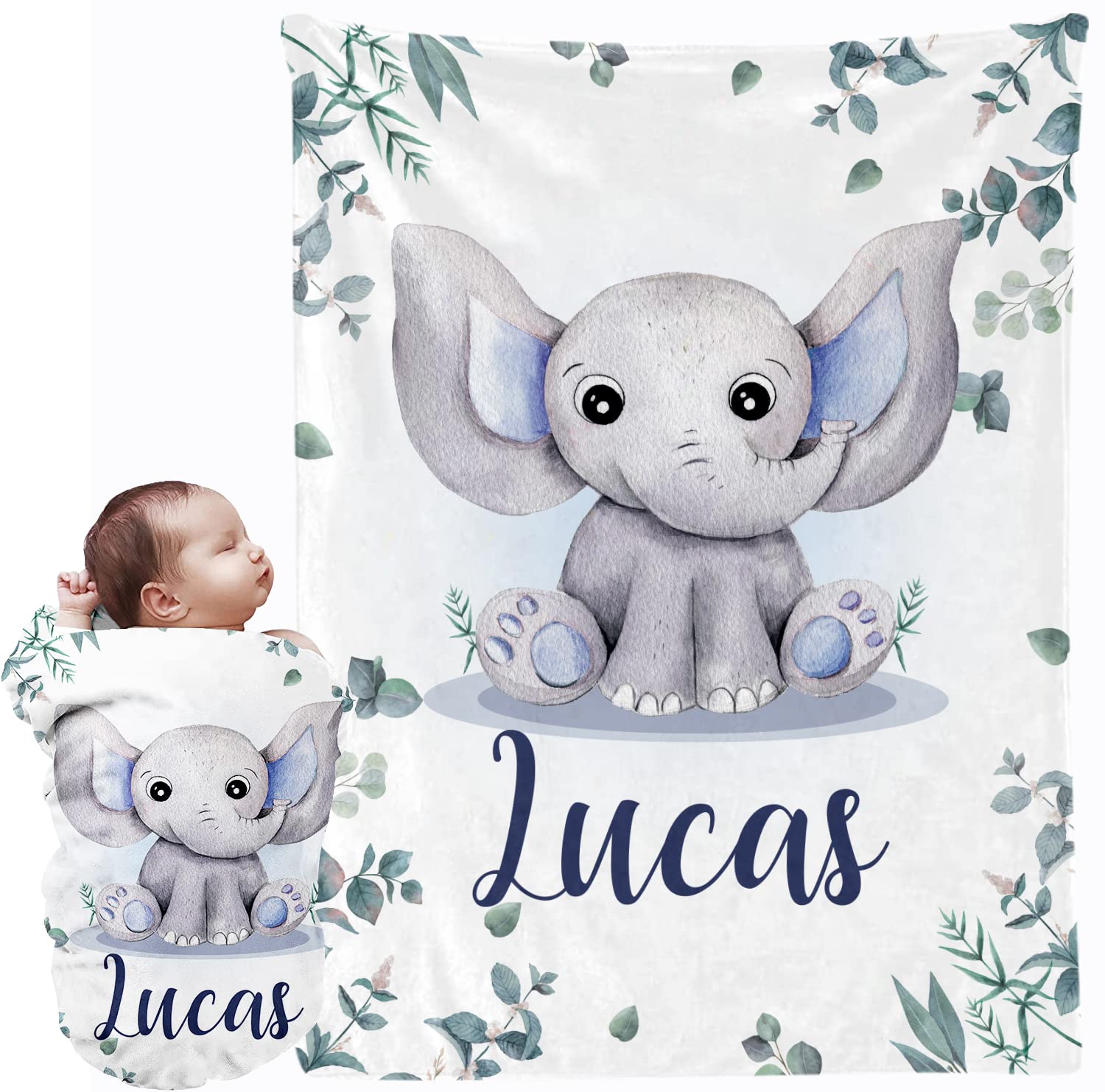 Personalized Baby Blanket with Name - Custom Elephant Baby Blanket for Girls & Boys - Newborn Gift, Swaddle & Receiving Blanket - Perfect for Nursery, Christening & Baby Showers
