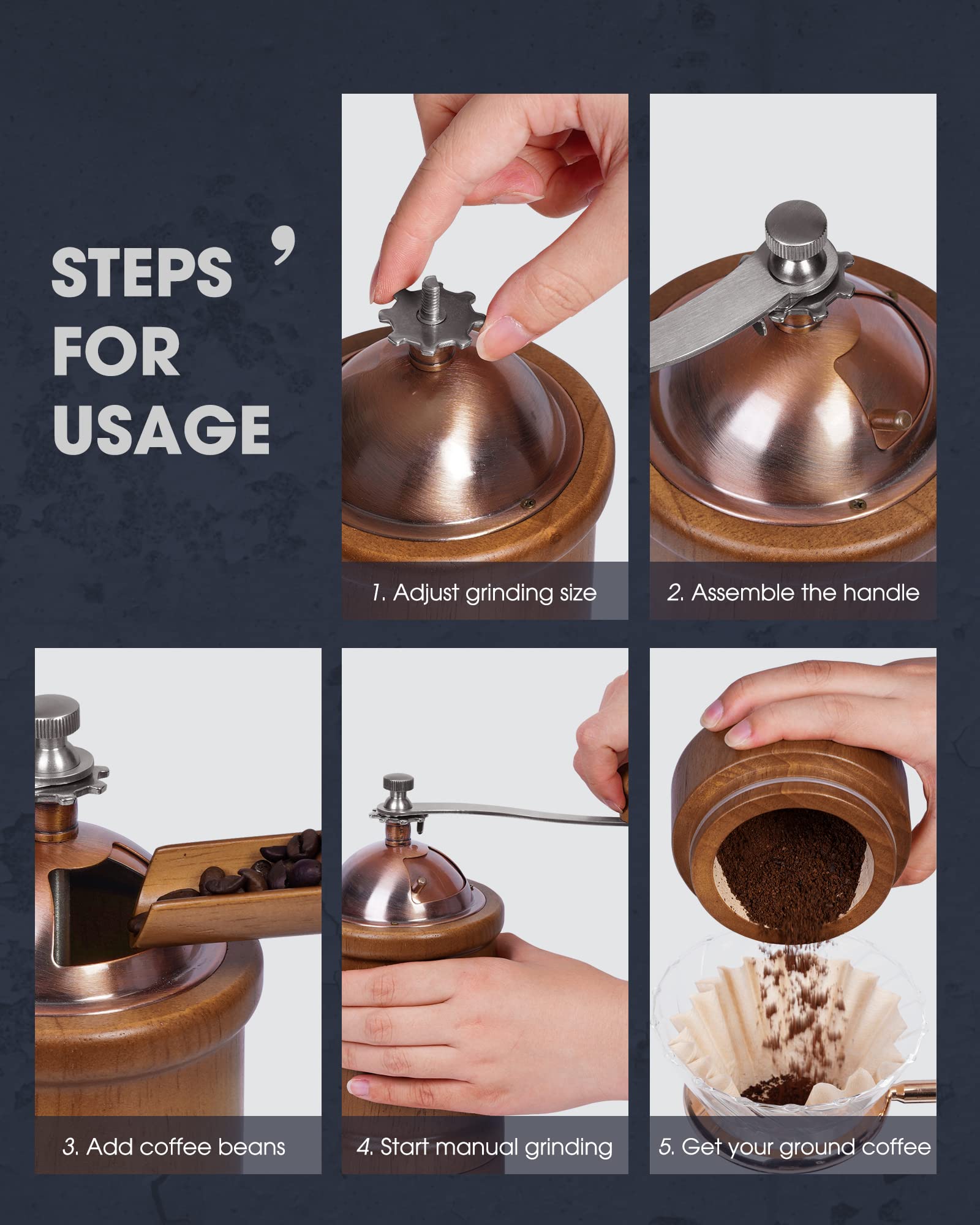 Premium Manual Coffee Grinder - Adjustable Ceramic Burr, Vintage Wooden Hand Mill for Fresh Ground Coffee - Large Capacity with Brush & Spoon - Perfect for Home, Camping & Travel (JX2022-CG20)