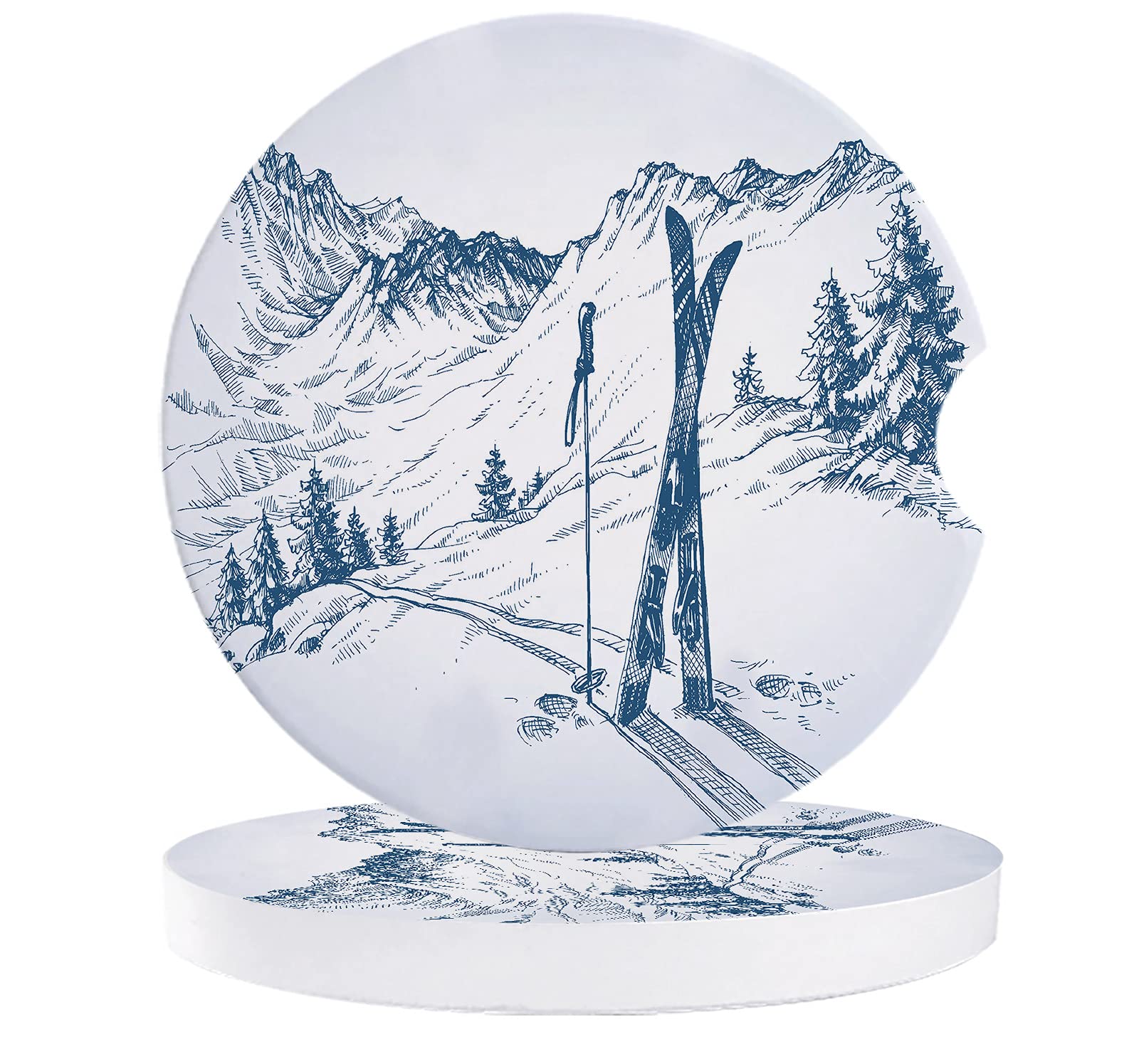 Funny Car Coasters for Cup Holders - Absorbent Round Ceramic Coasters with Finger Notch for Easy Removal | Watercolor Winter Mountain & Skiing Design | Set of 2 | Perfect for Car, Office, or Home Use with Cold Drinks
