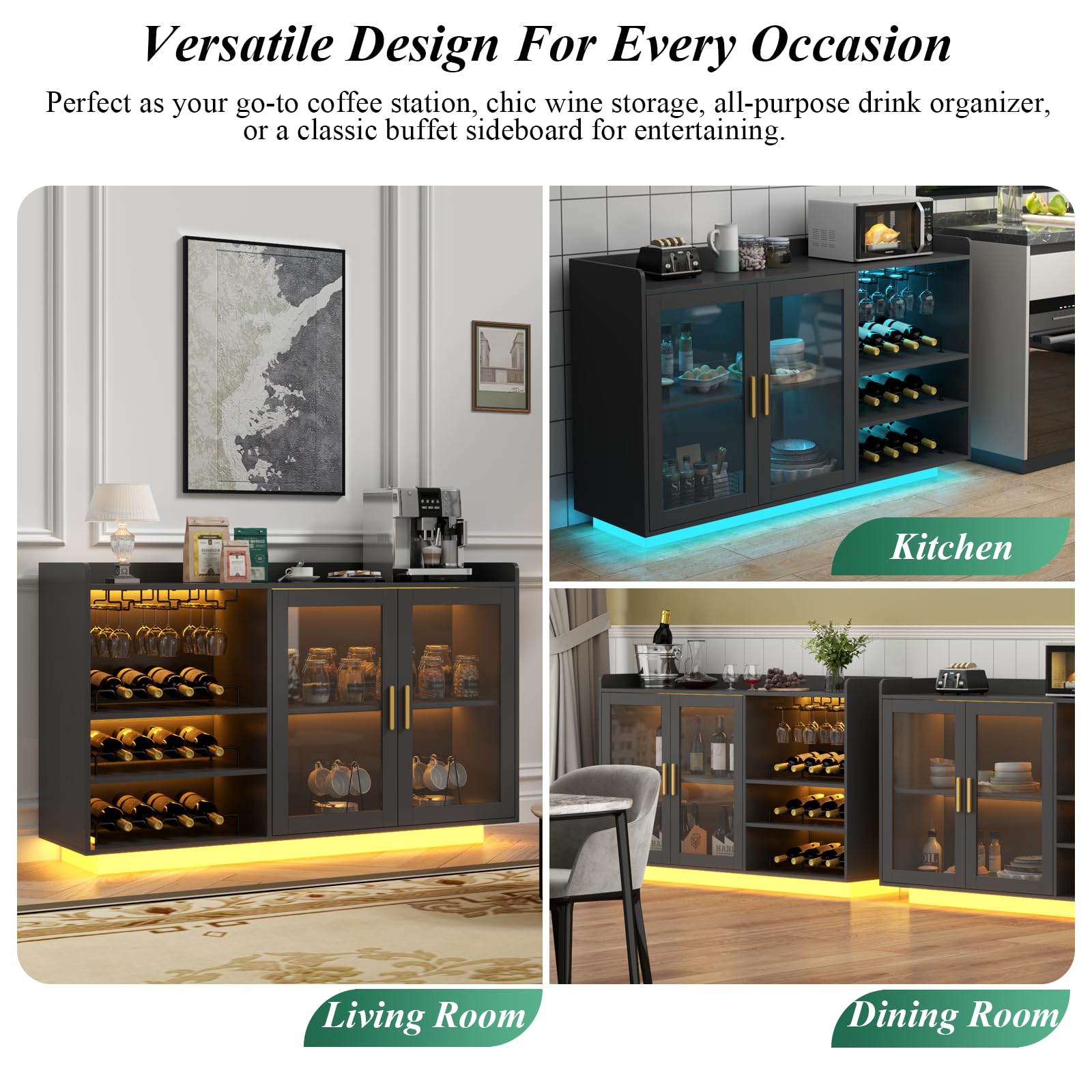 Modern Floating Wine Bar Cabinet with LED Lights - Glass Rack & Removable Wine Racks - Kitchen Buffet Sideboard with Storage Shelves & Glass Doors - Perfect for Home Bar, Dining Room, or Kitchen Counter Organization - Black