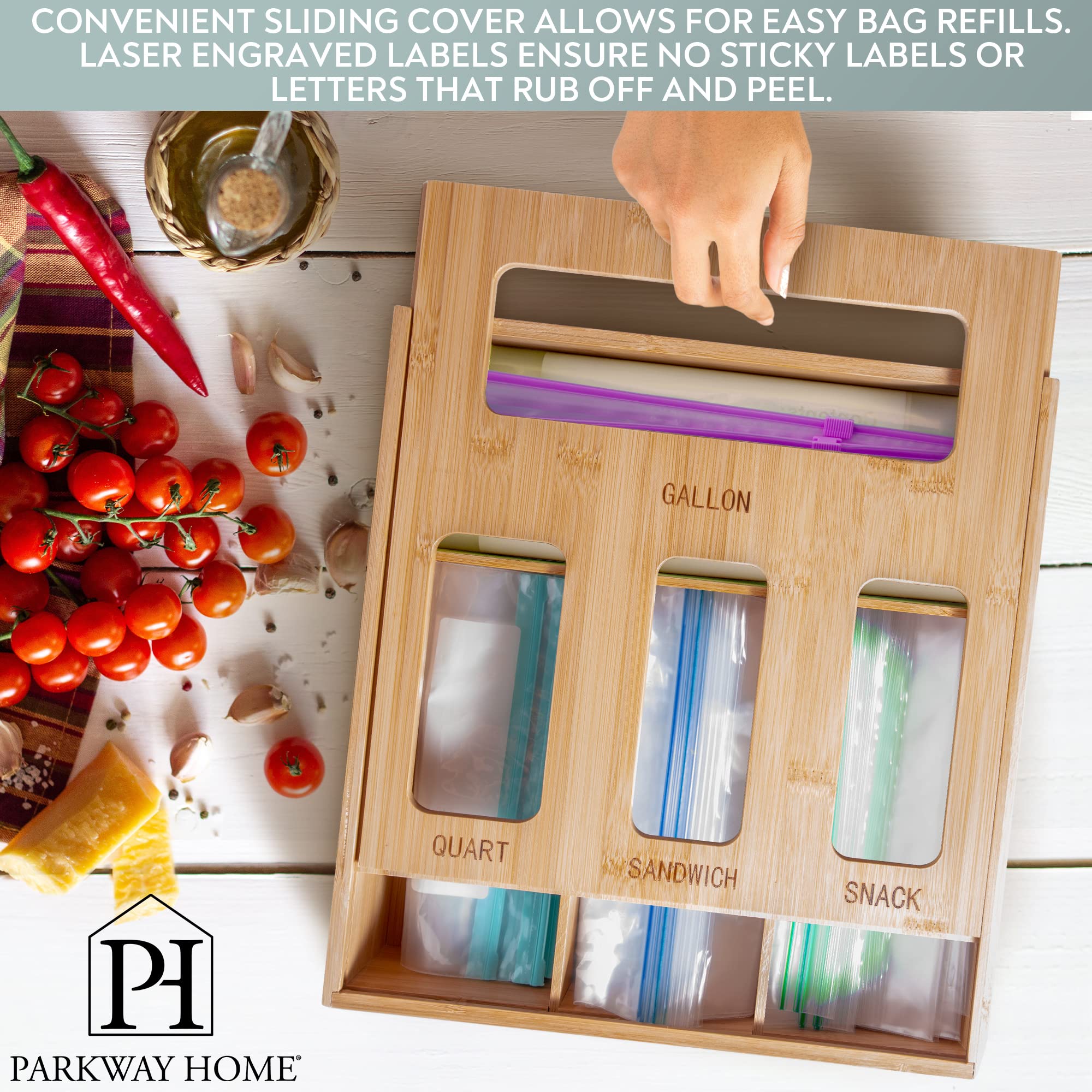 Bamboo Drawer Organizer for Storage Bags - Sandwich, Snack & Gallon Bag Holder Stand - Perfect for Kitchen, Pantry & Office Organization