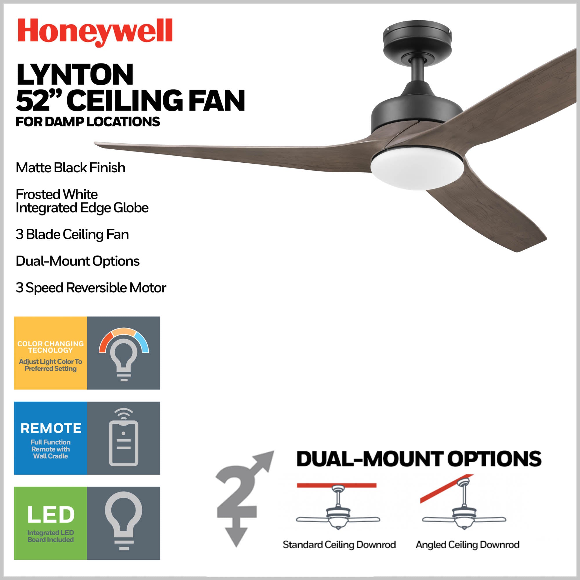 52 Inch Honeywell Lynton Ceiling Fan with Light Kit and Remote Control - Matte Black/Brown Finish - Perfect for Living Room, Bedroom, and Outdoor Covered Patio