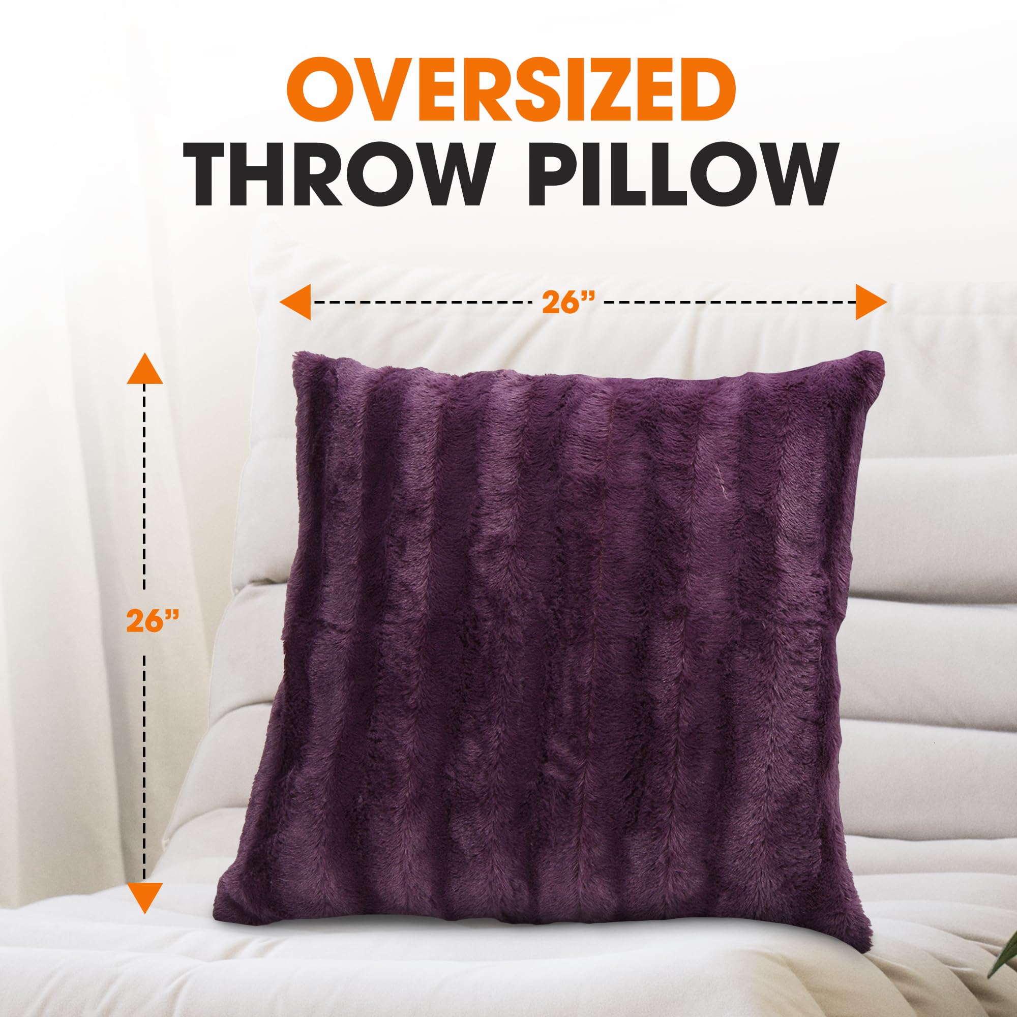 Luxury Faux Fur Throw Pillows Set of 2 - 26x26 Inch Soft Decorative Couch & Bed Pillows, Purple Accent Pillows for Living Room & Bedroom Aesthetic - Cozy Home Decor for Sofa, Lounge & Dorm Room