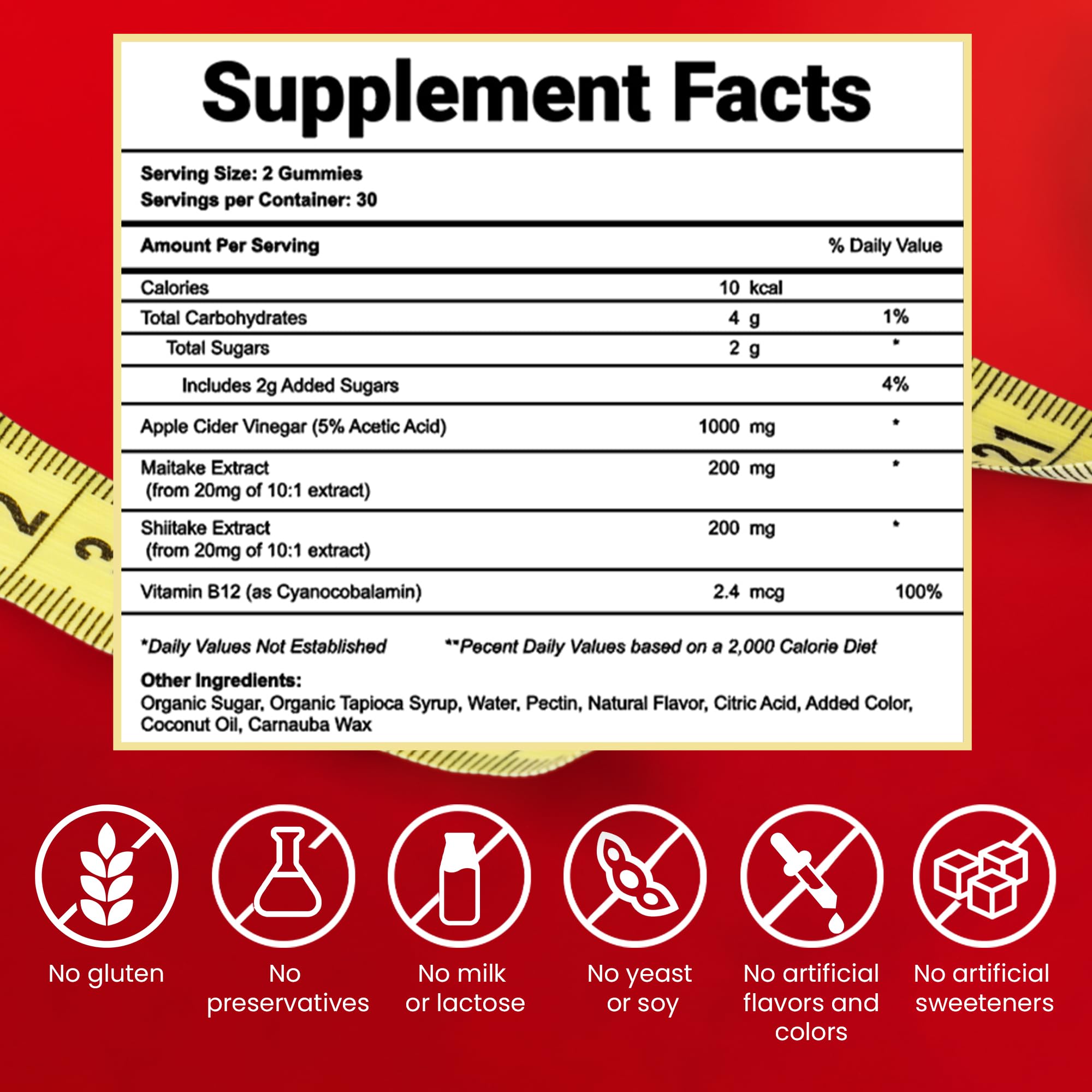 FNDMNTL Apple Cider Vinegar Gummies with Maitake & Shitake Mushrooms | 1000mg Vitamin B12 Supplement | 60 Count | Gelatin-Free, Gluten-Free, Vegan & Non-GMO | Supports Digestion, Weight Management & Immune Health