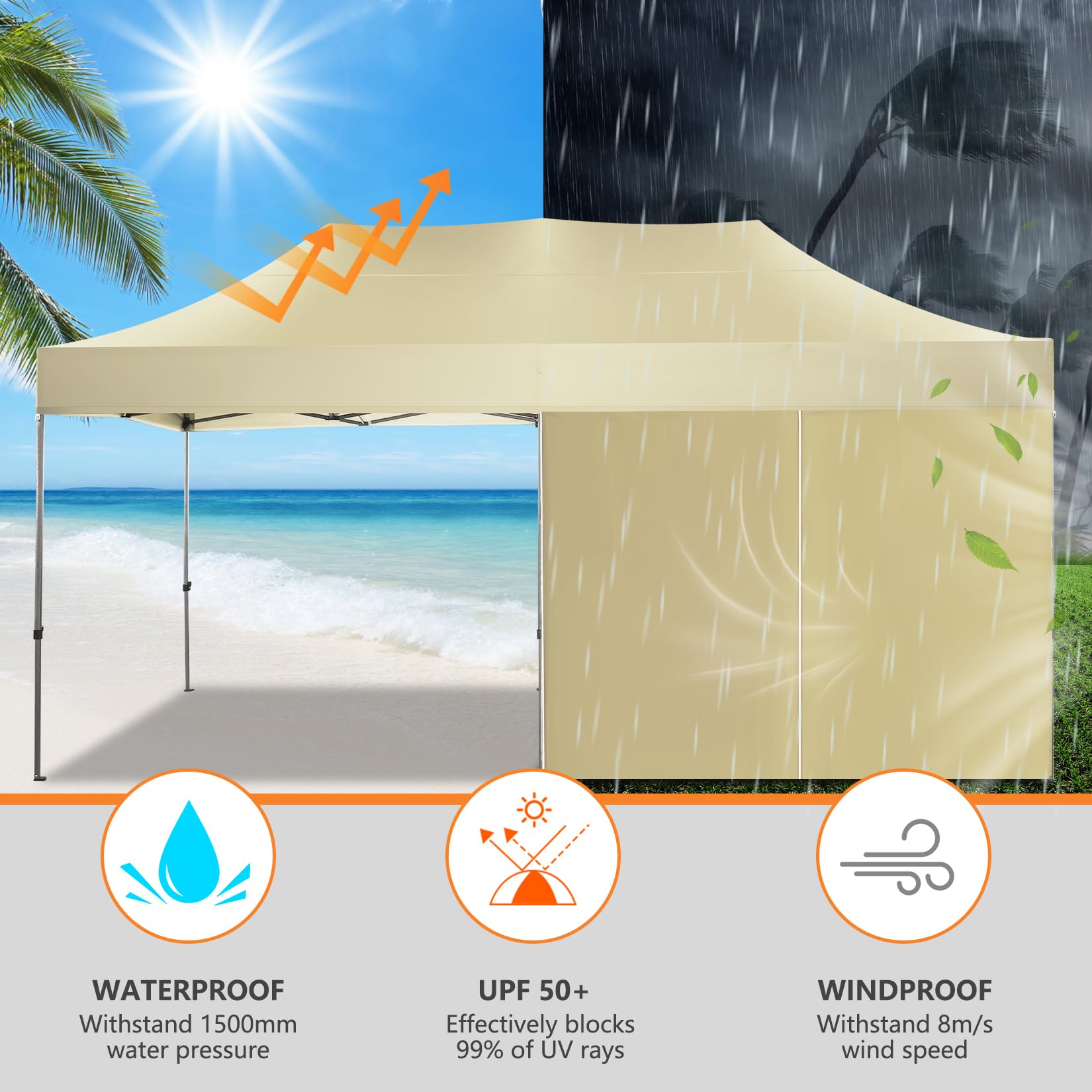 COBIZI 10x20 Heavy Duty Pop Up Canopy Tent with 6 Sidewalls - UPF 50+ Waterproof All-Weather Commercial Gazebo for Outdoor Events, Weddings & Parties - Includes Roller Carry Bag (Khaki) - Perfect for Backyard BBQs, Farmers Markets & Beach Gatherings