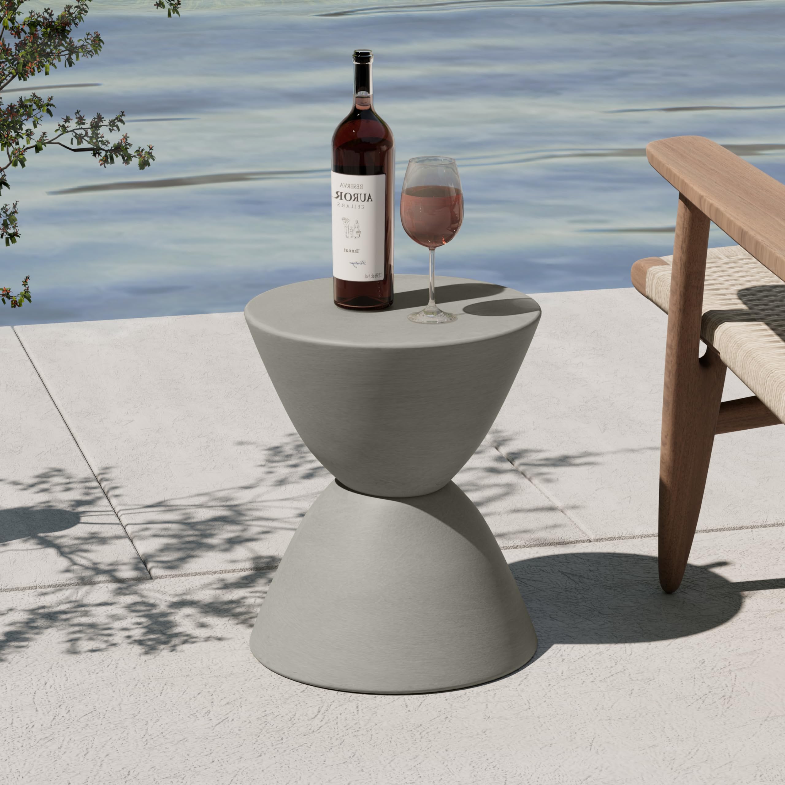 Outdoor Side Tables for Patio - Set of 2 Hourglass-Shaped Concrete End Tables, Modern Round Stone Coffee Table for Garden, Deck & Poolside Use