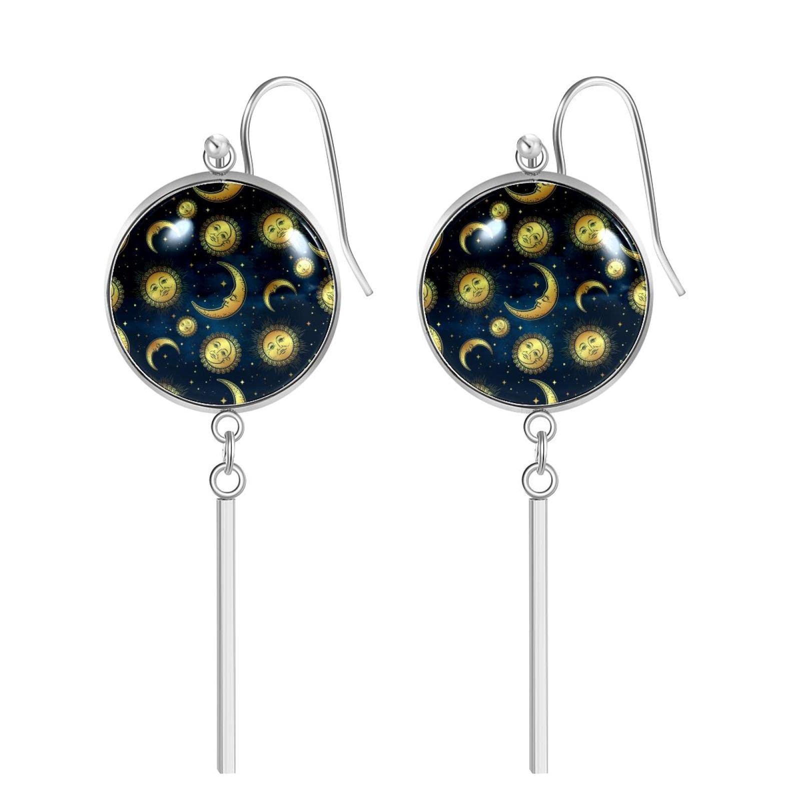 Long Chain Drop Dangle Earrings with Moon, Sun and Stars Design - Blue Night Sky Pattern Jewelry for Women & Teen Girls | Perfect for Parties, Date Nights and Special Occasions
