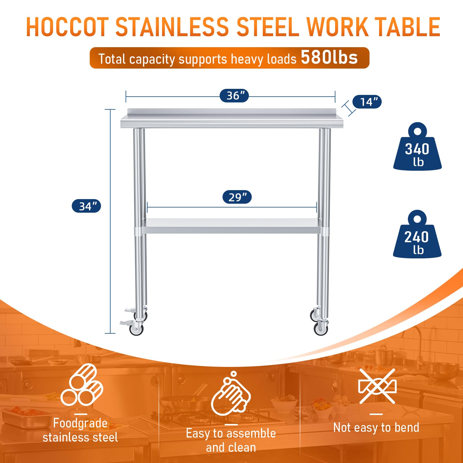 Stainless Steel Prep & Work Table with Adjustable Shelf, Backsplash & Wheels - 14