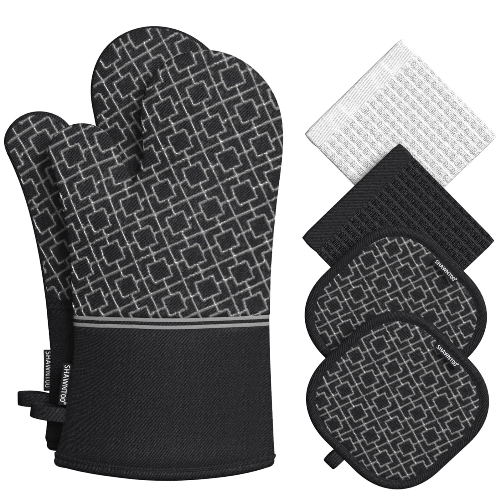6-Piece High Heat Resistant Oven Mitts and Pot Holders Set - 550°F Extra Long Kitchen Gloves with Non-Slip Silicone Surface for Cooking, Baking, Grilling - Perfect for BBQ, Baking Cookies, and Handling Hot Pots Safely