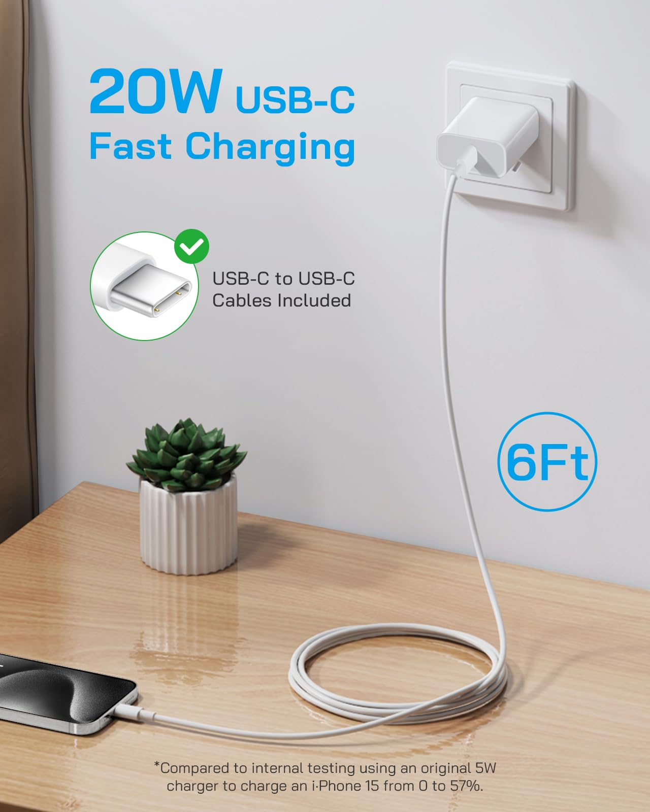 3 Pack 20W USB C Fast Charger Block with 6FT Type C Cable - Compatible with iPhone 16/16 Plus/16 Pro Max/15/15 Pro/15 Plus/15 Pro Max & iPad Pro 12.9