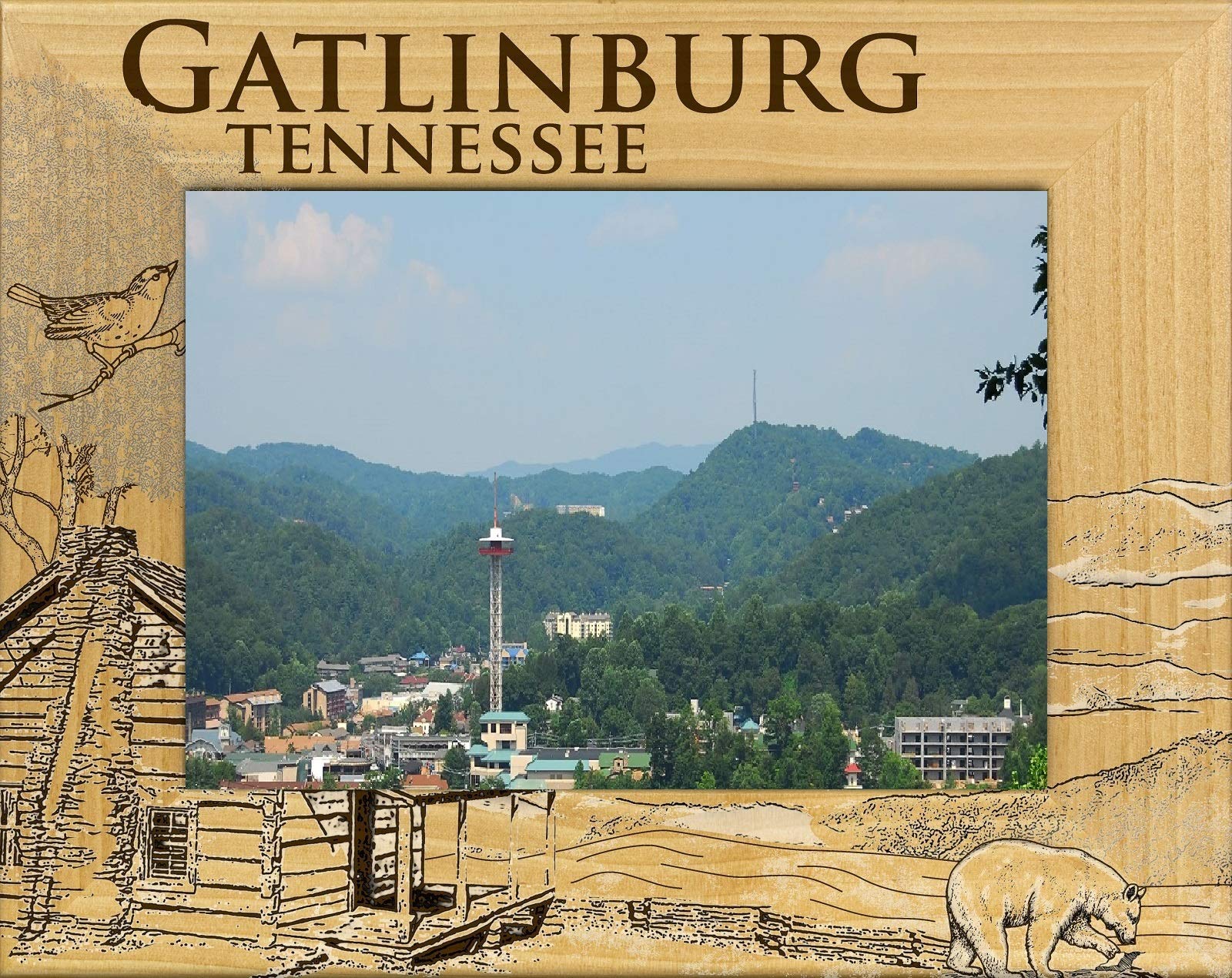 Handcrafted Log Cabin Laser Engraved Wood Picture Frame (5x7 inches) - Gatlinburg Tennessee Souvenir - Perfect for Family Photos, Wedding Memories & Rustic Home Decor