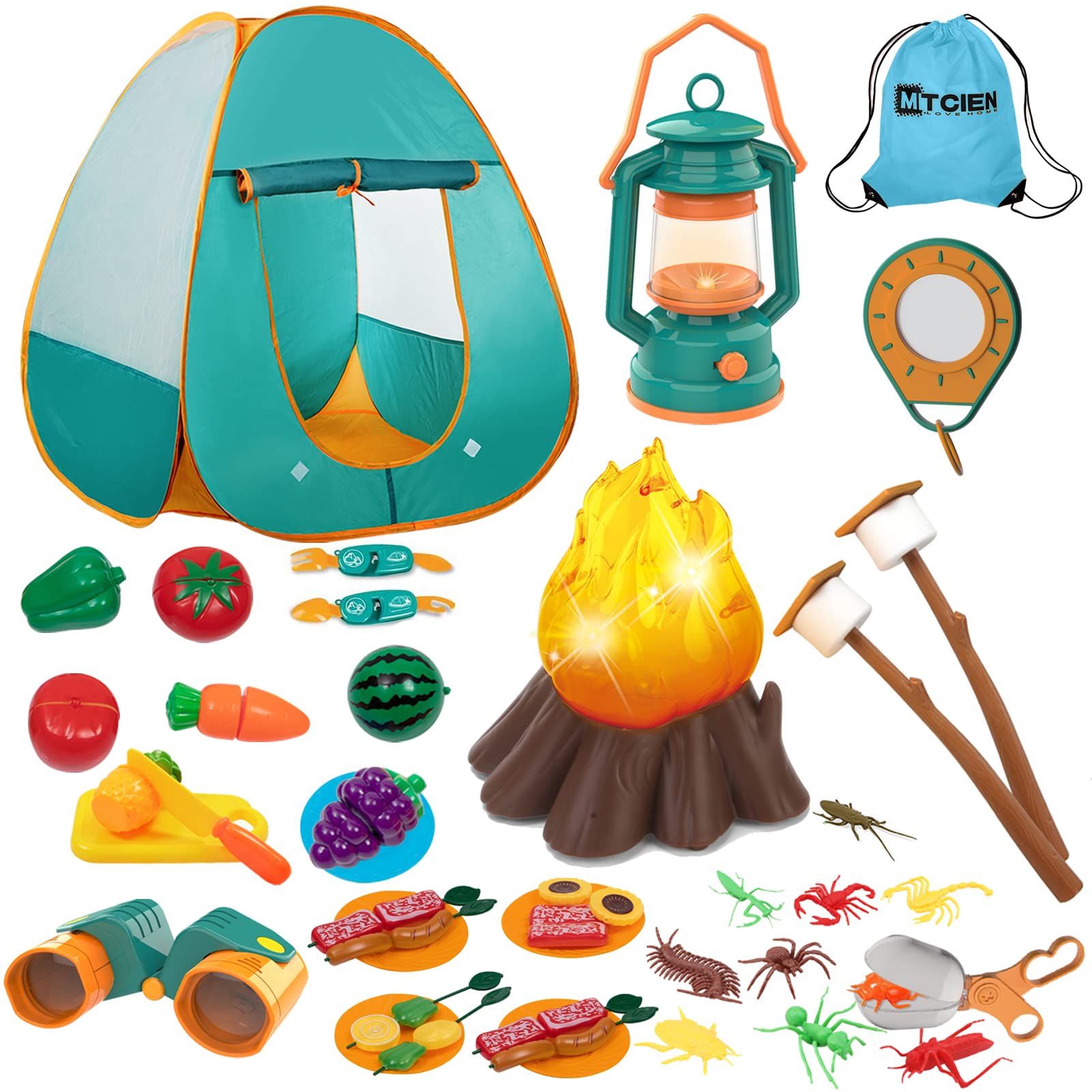 Mitcien Kids Camping Gear Set - Play Tent, Pretend Campfire, Toy Fruits & Marshmallows for Toddlers, Boys & Girls | Indoor & Outdoor Adventure Toys for Pretend Play, Backyard Camping & Family Fun