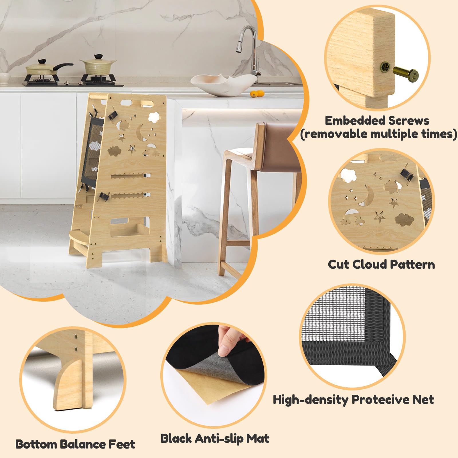 Natural Wood Adjustable Height Toddler Tower with Safety Rail - Montessori Learning Step Stool for Kids, Perfect for Kitchen Counter & Bathroom Use, Ideal for Cooking, Baking & Handwashing Activities