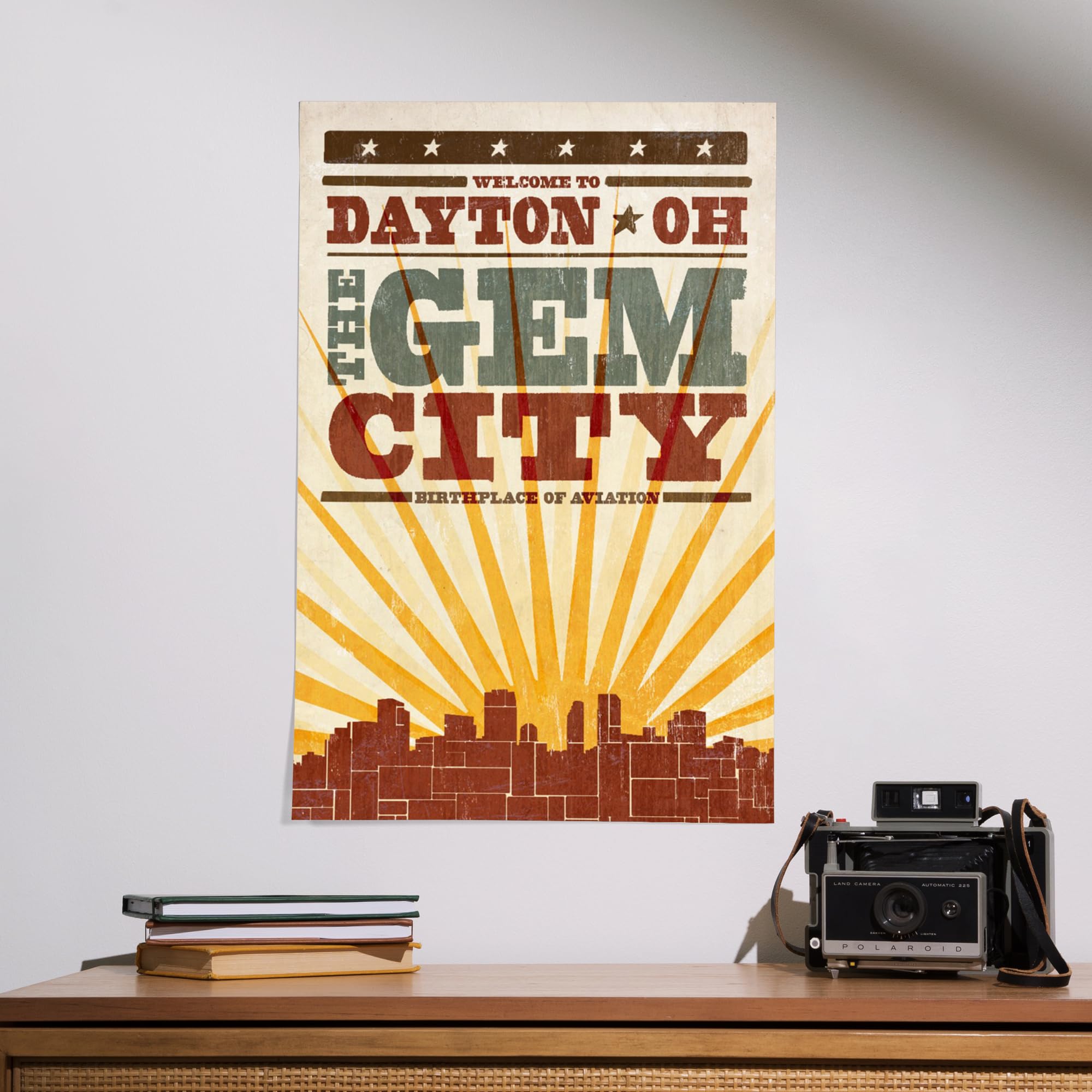 Lantern Press 16x24 Inch Giclee Art Print - Dayton Ohio Skyline & Sunburst Screenprint Style Wall Decor - Perfect for Living Room, Office & Home Decoration