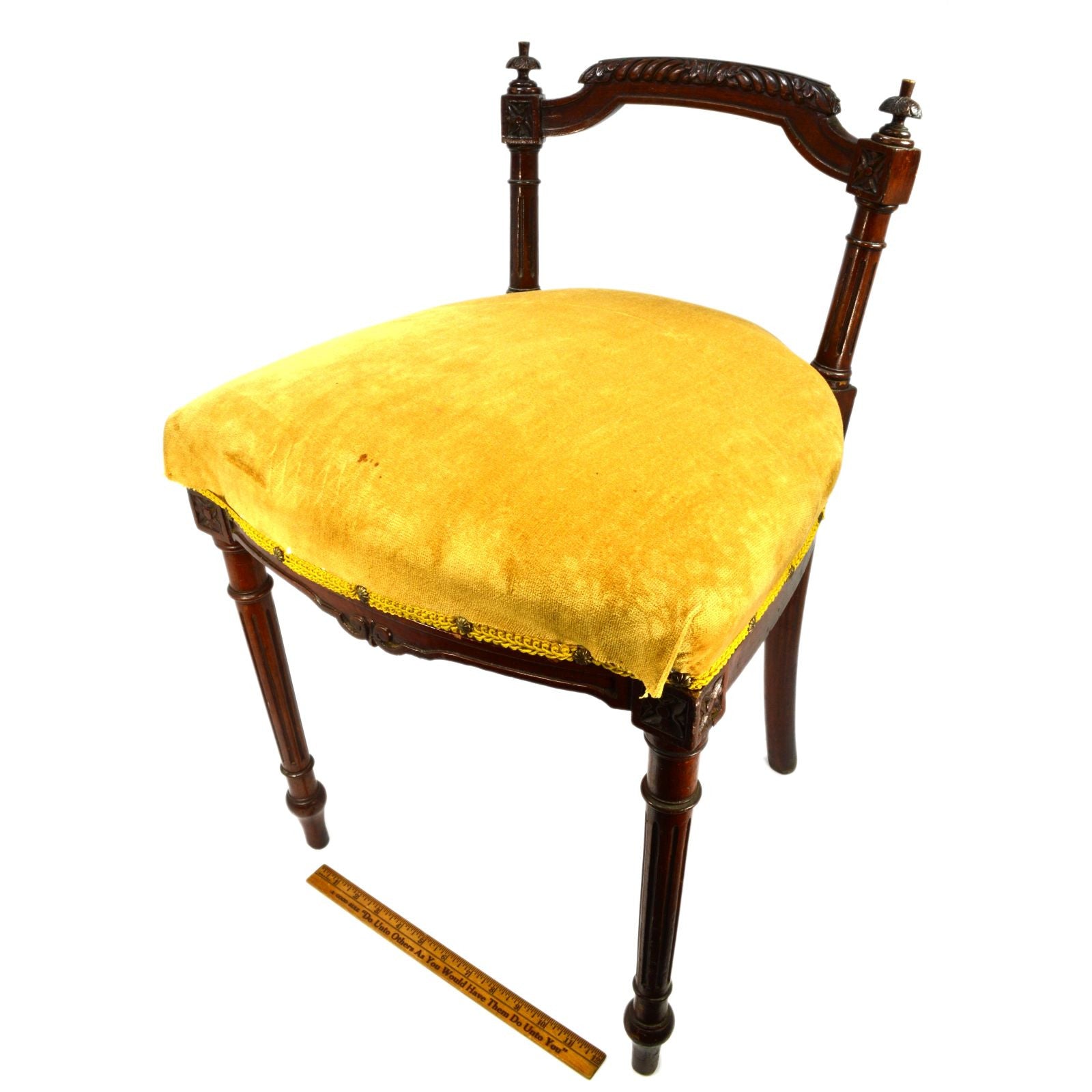 Antique Victorian Vanity Chair - Low Back Piano Stool with Ornate Carved Hardwood, 19th Century - Perfect for Vintage Home Decor, Boudoir & Antique Piano Styling