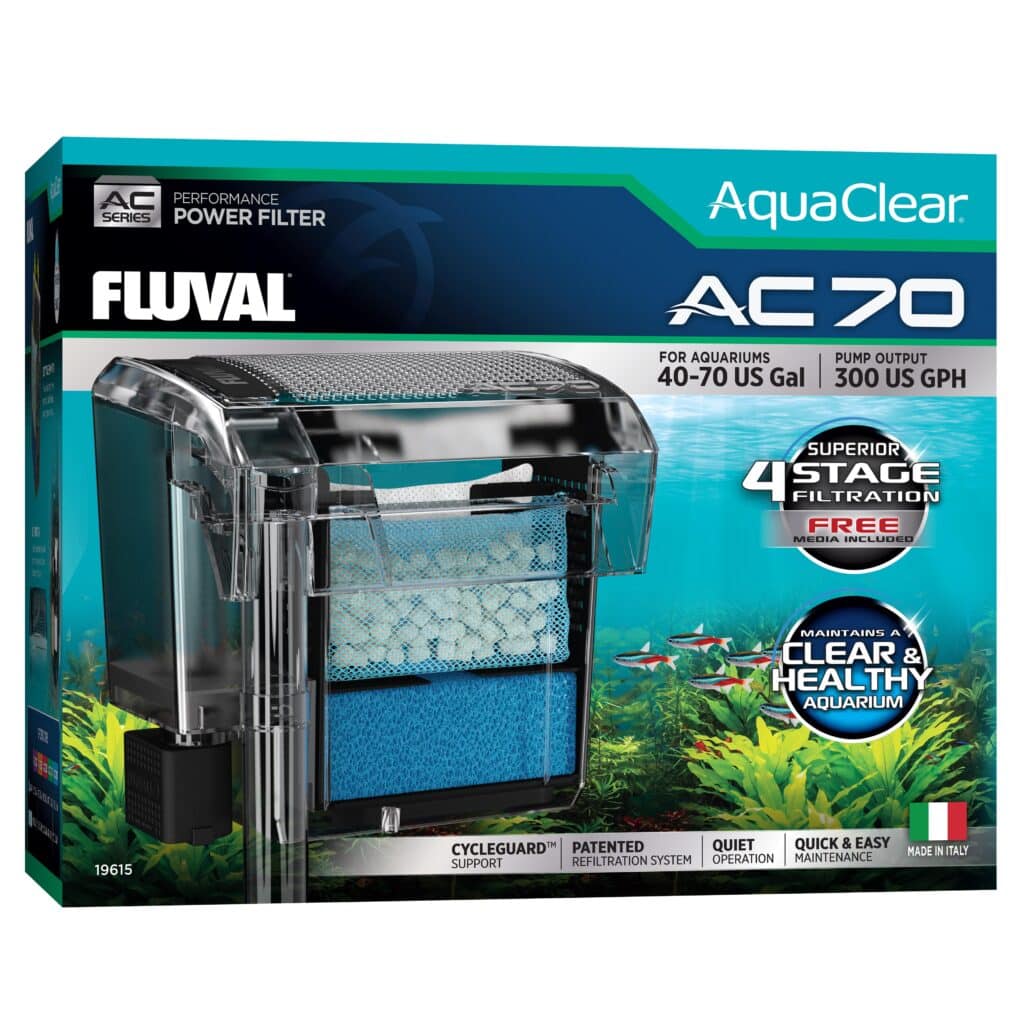 Fluval Aquaclear AC70 Hang-On Back Filter - 300 GPH (1,135L/h) for 40-70 Gallon (152-265L) Aquariums - Powerful Water Filtration for Freshwater & Saltwater Fish Tanks - Perfect for Home, Office or Classroom Aquarium Setups