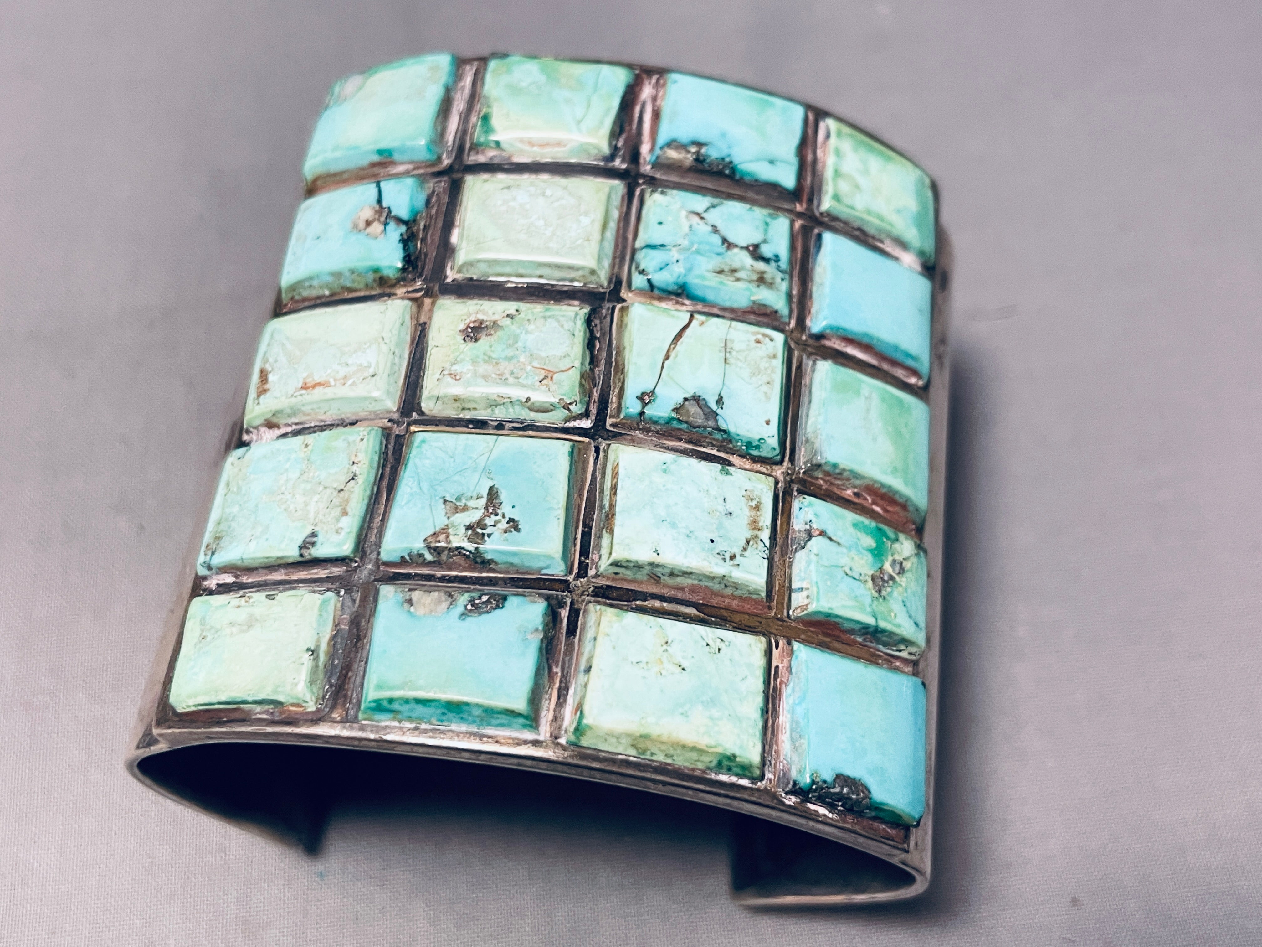 175 Grams Vintage Native American Navajo Checkerboard Turquoise Sterling Silver Bracelet