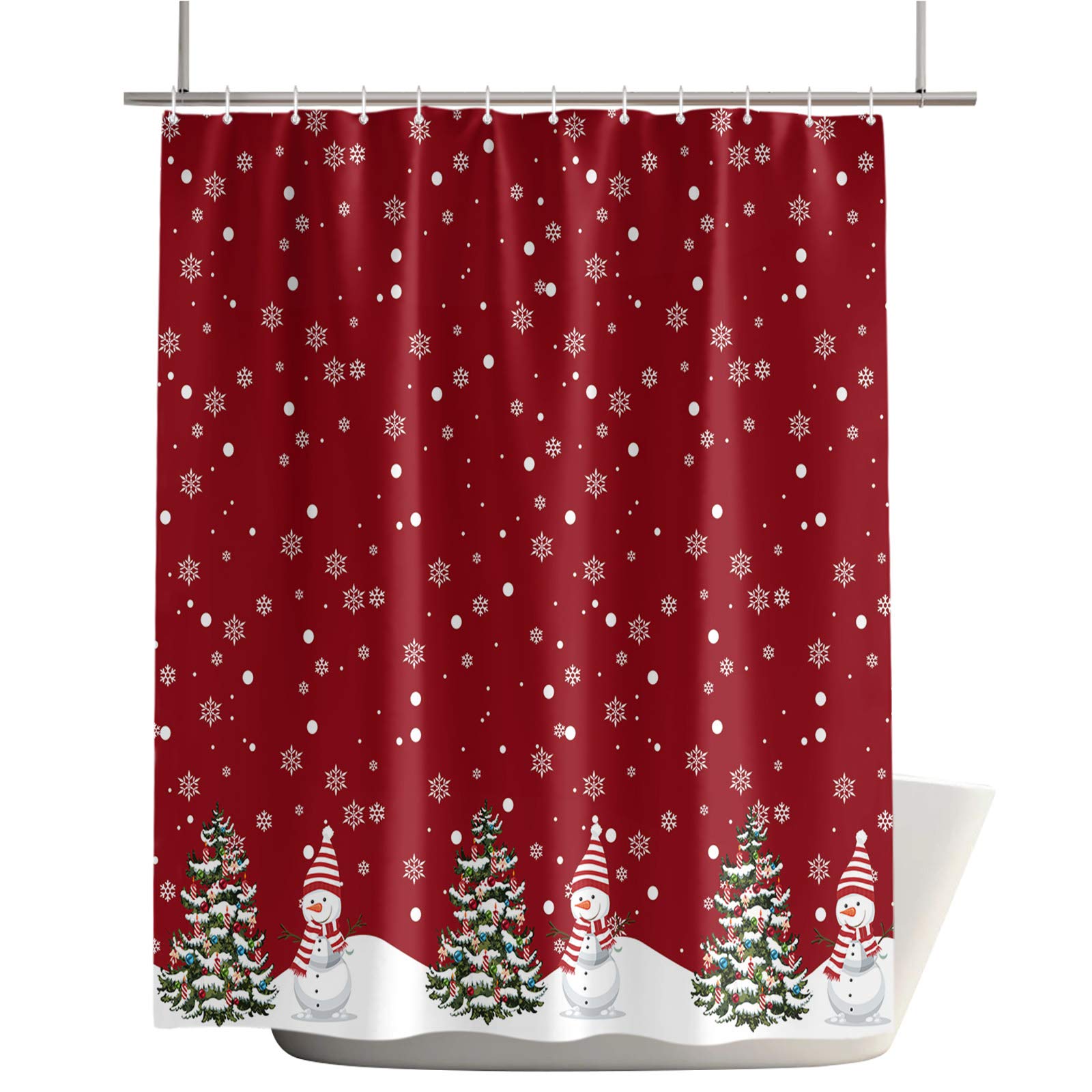 OneHoney Christmas Snowfield Snowman Waterproof Shower Curtain Set with Hooks - 36x72 Inch Polyester Fabric Bathroom Decor for Holiday Season - Machine Washable Red Snowflake Design for Bathtub & Shower Stall