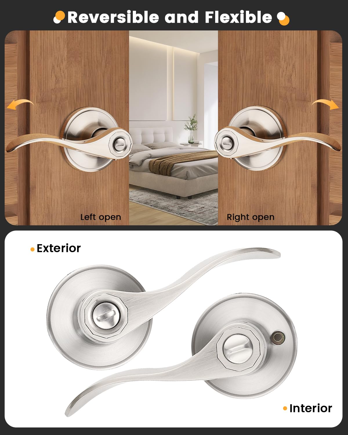 Gobrico 10 Pack Satin Nickel Privacy Keyless Door Handles - Interior Bathroom & Bedroom Door Levers, Heavy Duty Brushed Nickel Drop Style Door Knobs for Home, Office & Commercial Use