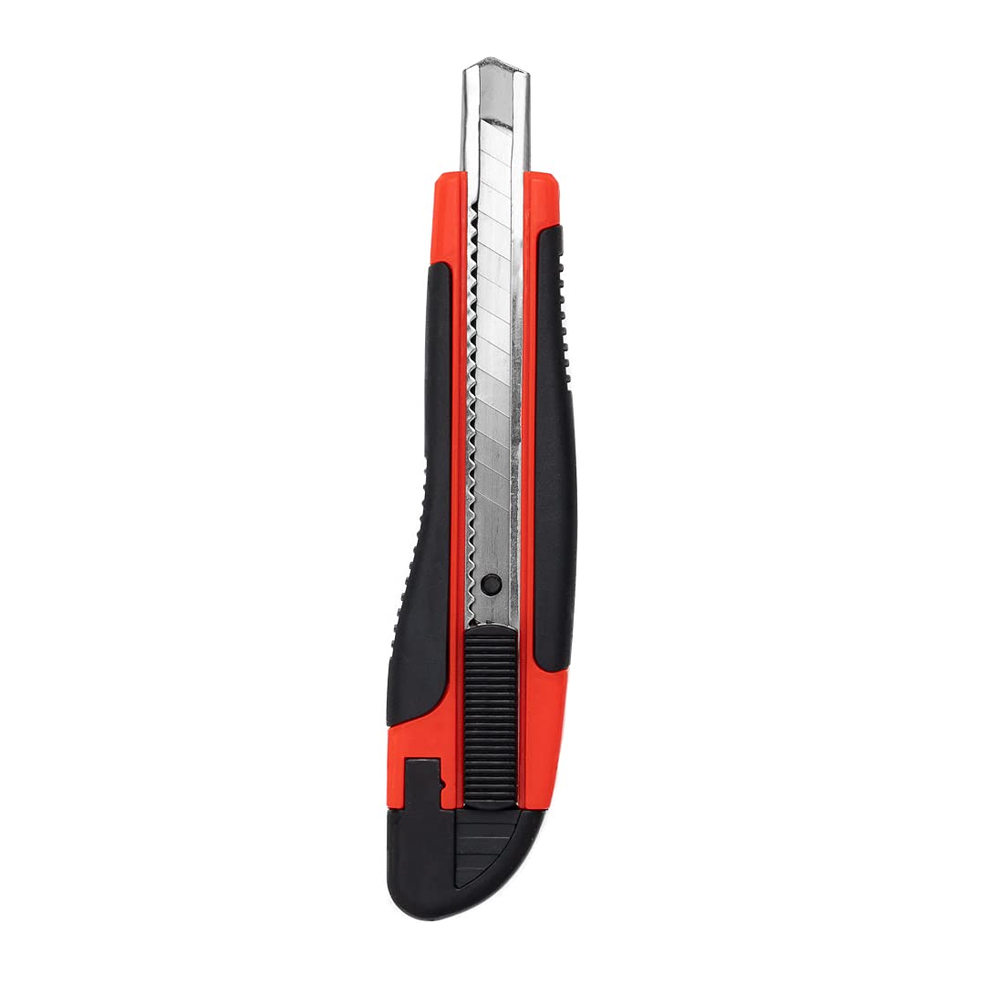 Handy Tek 5.3 Inch Retractable Utility Knife Set of 4 - Snap-Off Blades, Built-In Safety Lock, Heavy Duty Orange Plastic Breakaway Knives with Sharp Blades - Perfect for Restaurant, Kitchen, Packaging & DIY Projects