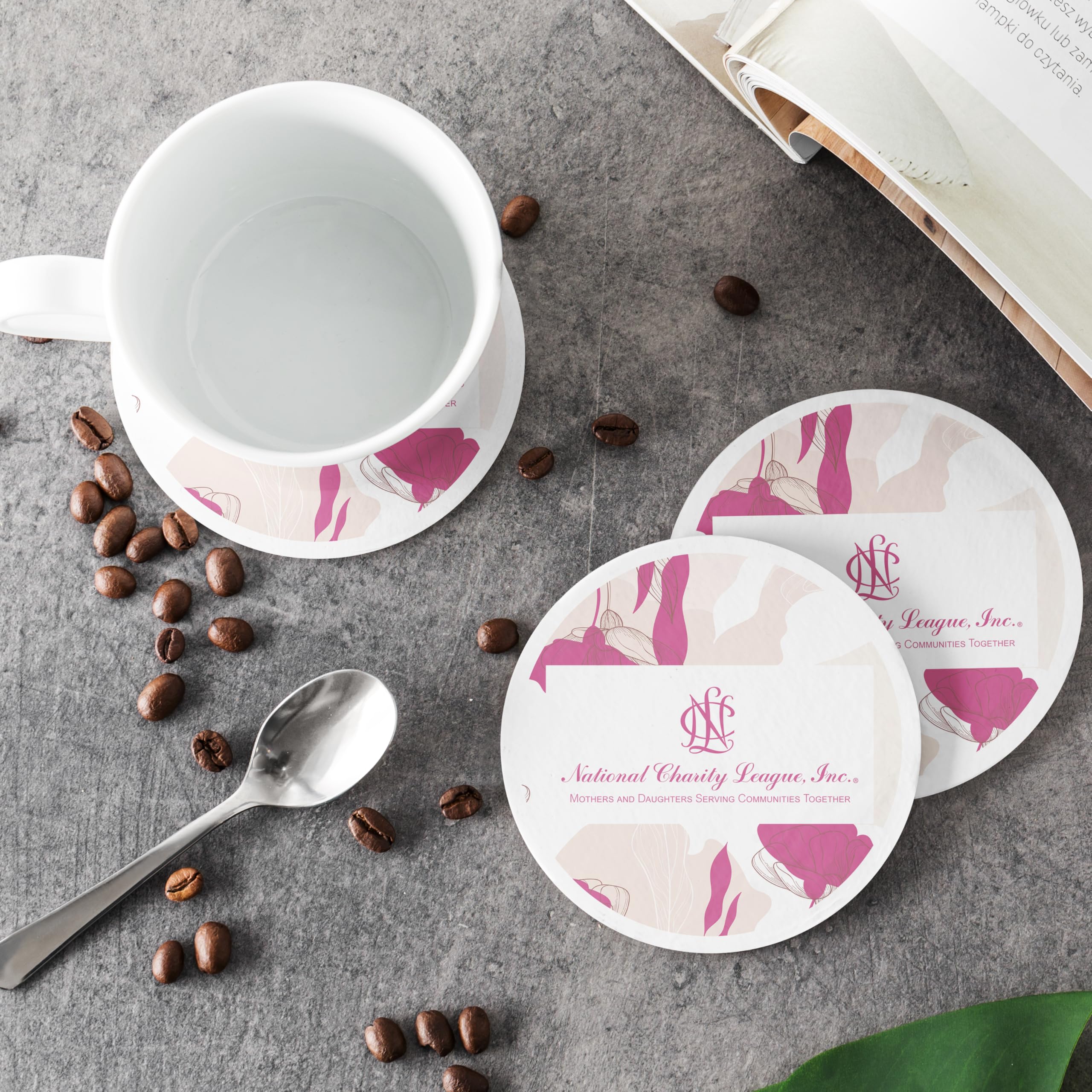 National Charity League Cork-Backed Hardboard Drink Coasters Set of 4 - Round Beverage Coasters for Coffee, Wine & Cocktails - Perfect for Home, Office & Party Use
