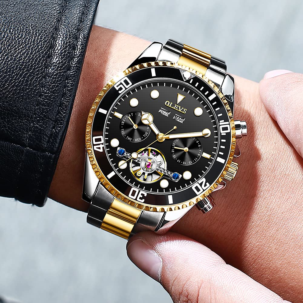 OLEVS Automatic Self-Winding Men's Watch - Classic Tourbillon Designer Stainless Steel Waterproof Luminous Wristwatch for Business, Casual & Formal Occasions