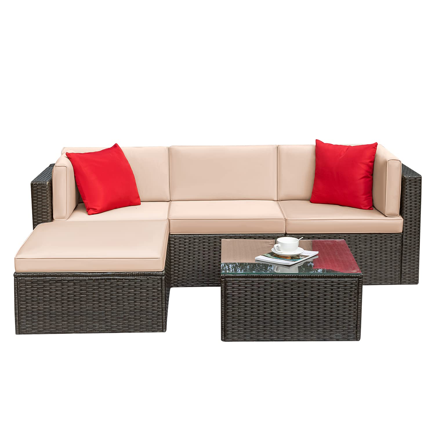 5-Piece Patio Furniture Set Outdoor/Indoor Sectional Wicker Rattan Sofa with Cushions, Pillows & Glass Table - Light Beige - Perfect for Backyard, Garden, Poolside & Sunroom Relaxation