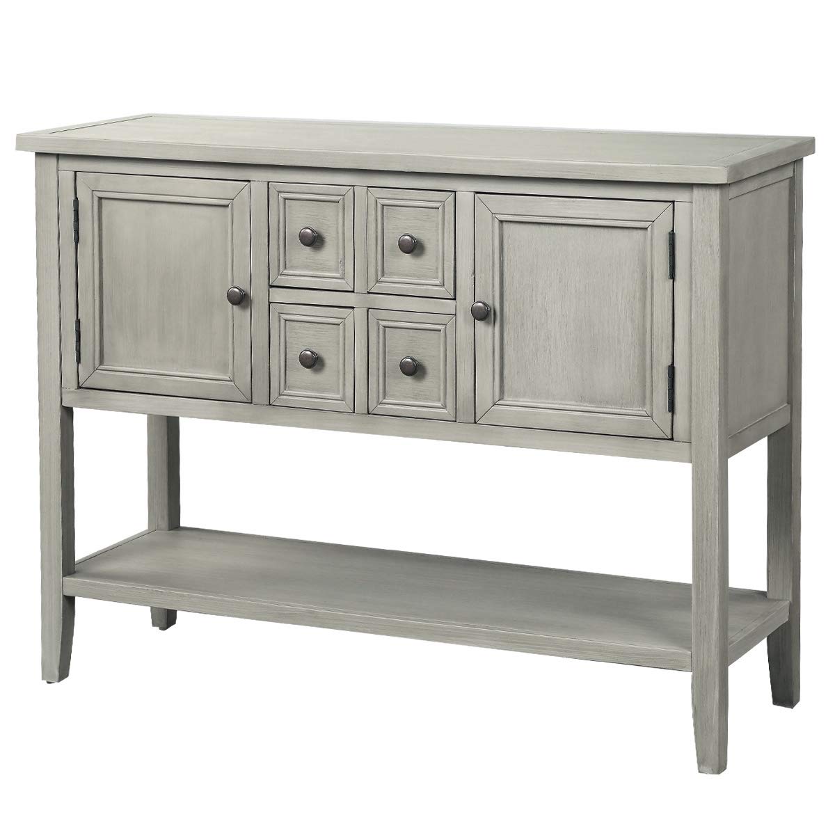 Antique Gray Solid Wood Console Table with 4 Drawers & 2 Cabinets - Entryway Buffet, Living Room Sideboard, Sofa Table with Storage Shelf for Hallway & Dining Room