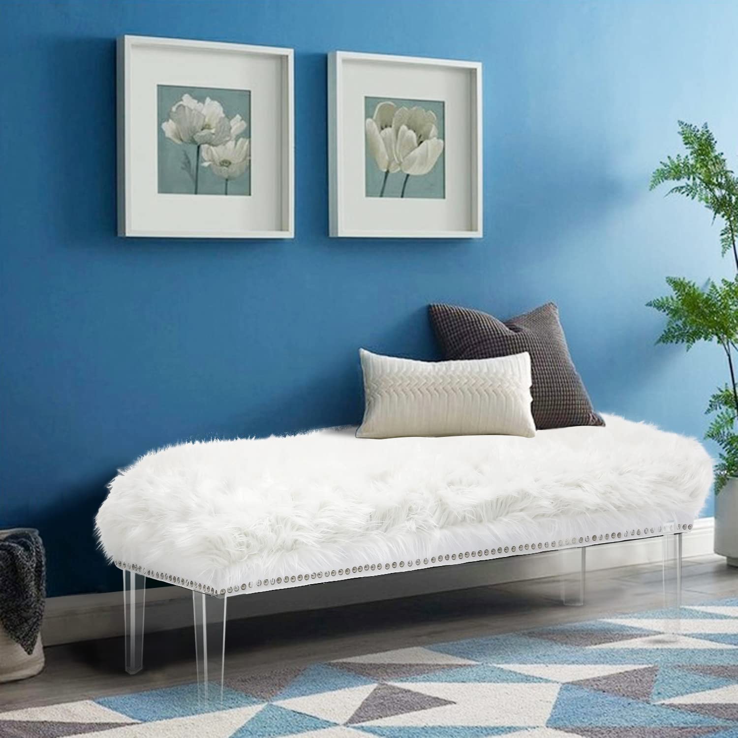 Luxury White Faux Fur Ottoman Bench with Acrylic Legs - Plush Rectangular Foot Stool for Bedroom, Living Room & Dressing Area - Cozy Seating & Stylish Home Decor