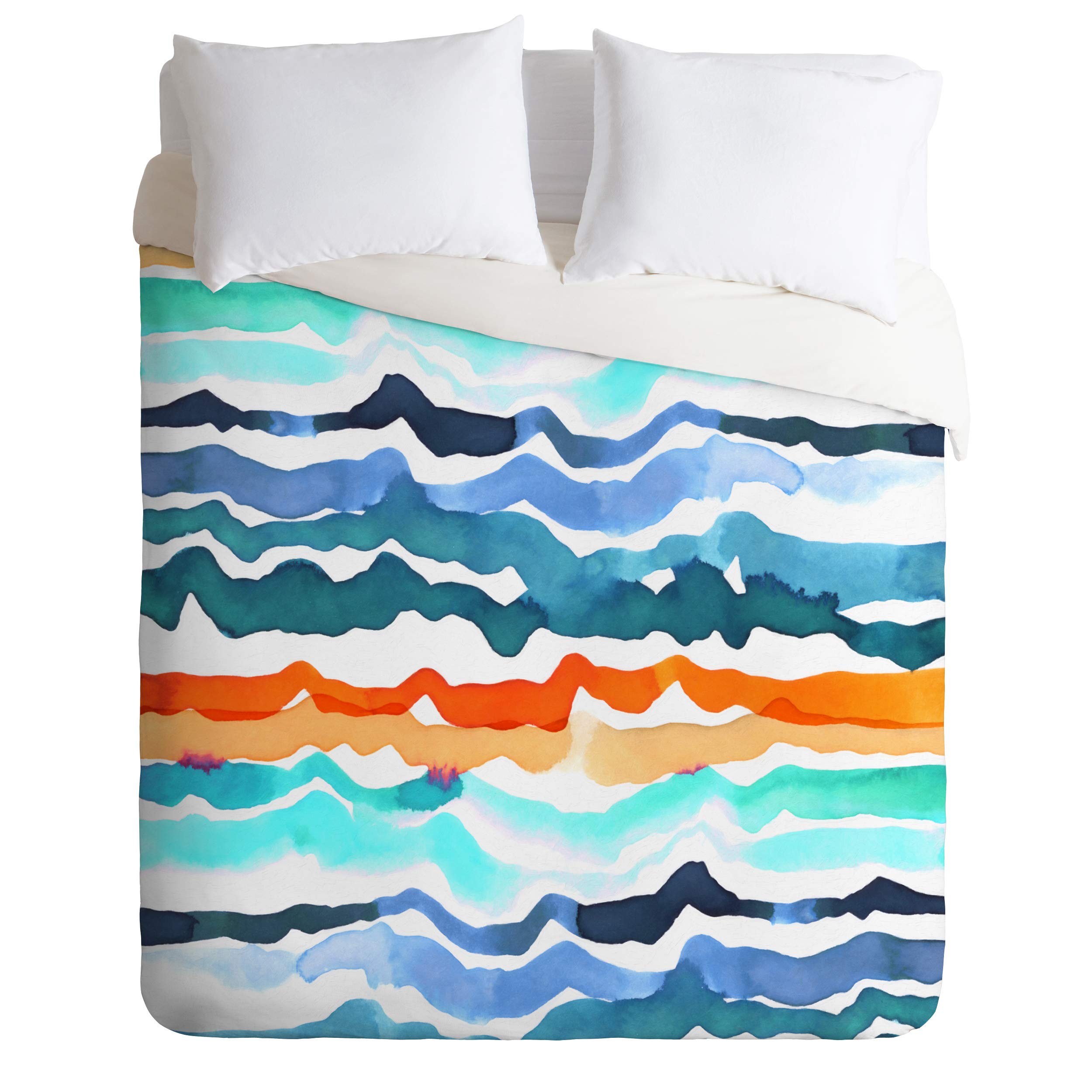 Deny Designs Cayenablanca Beach Waves Duvet Cover Set with Pillowcases - Queen Size Blue Coastal Bedding for Beach House & Summer Home Decor