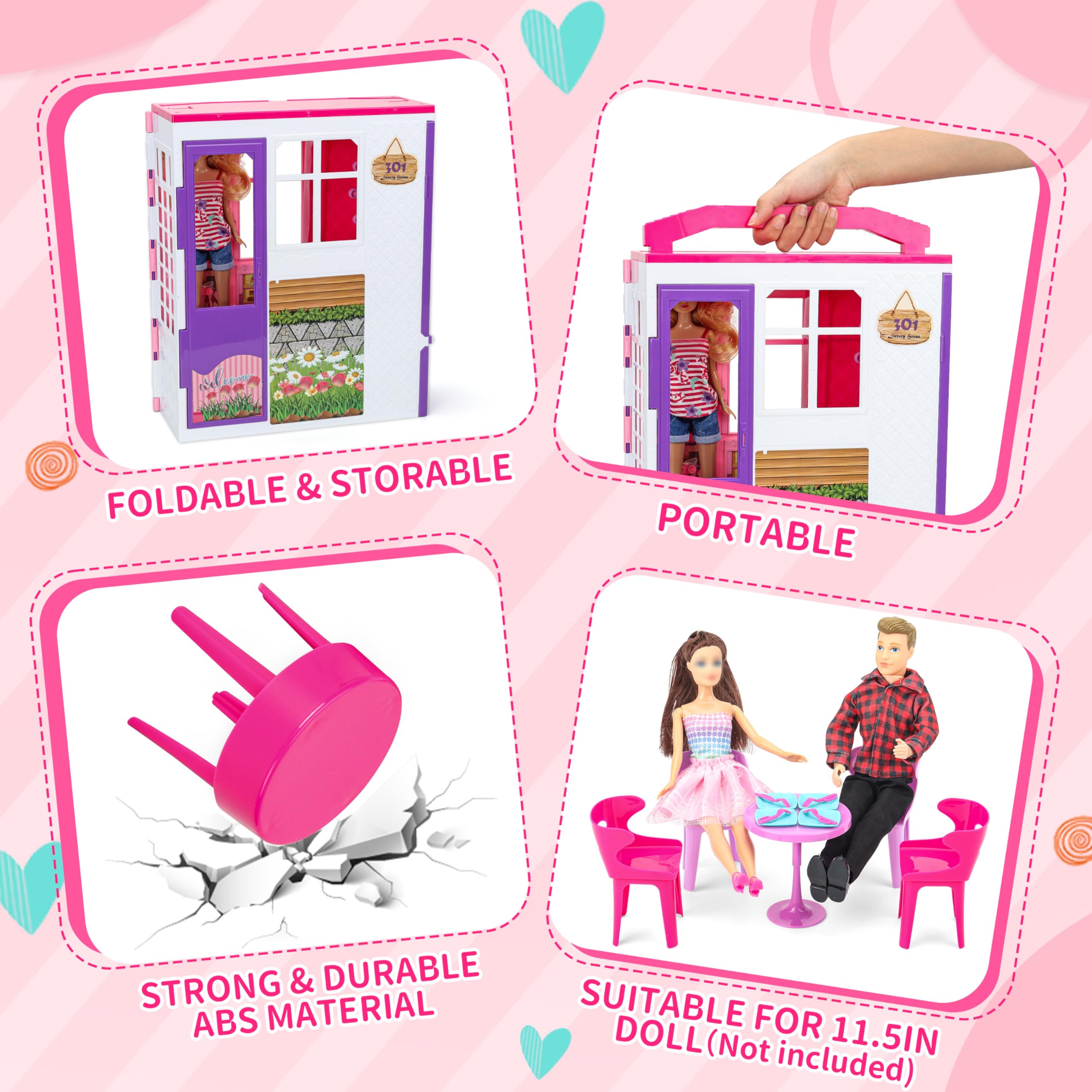 Portable & Foldable Dollhouse with 60+ Accessories & 2 Dolls - Play House Toy with Bedroom, Kitchen, Pet House & Camping Playset - Perfect Birthday Gift for Girls, Kids & Toddlers - Great for Indoor Play, Pretend Play & Gift Giving