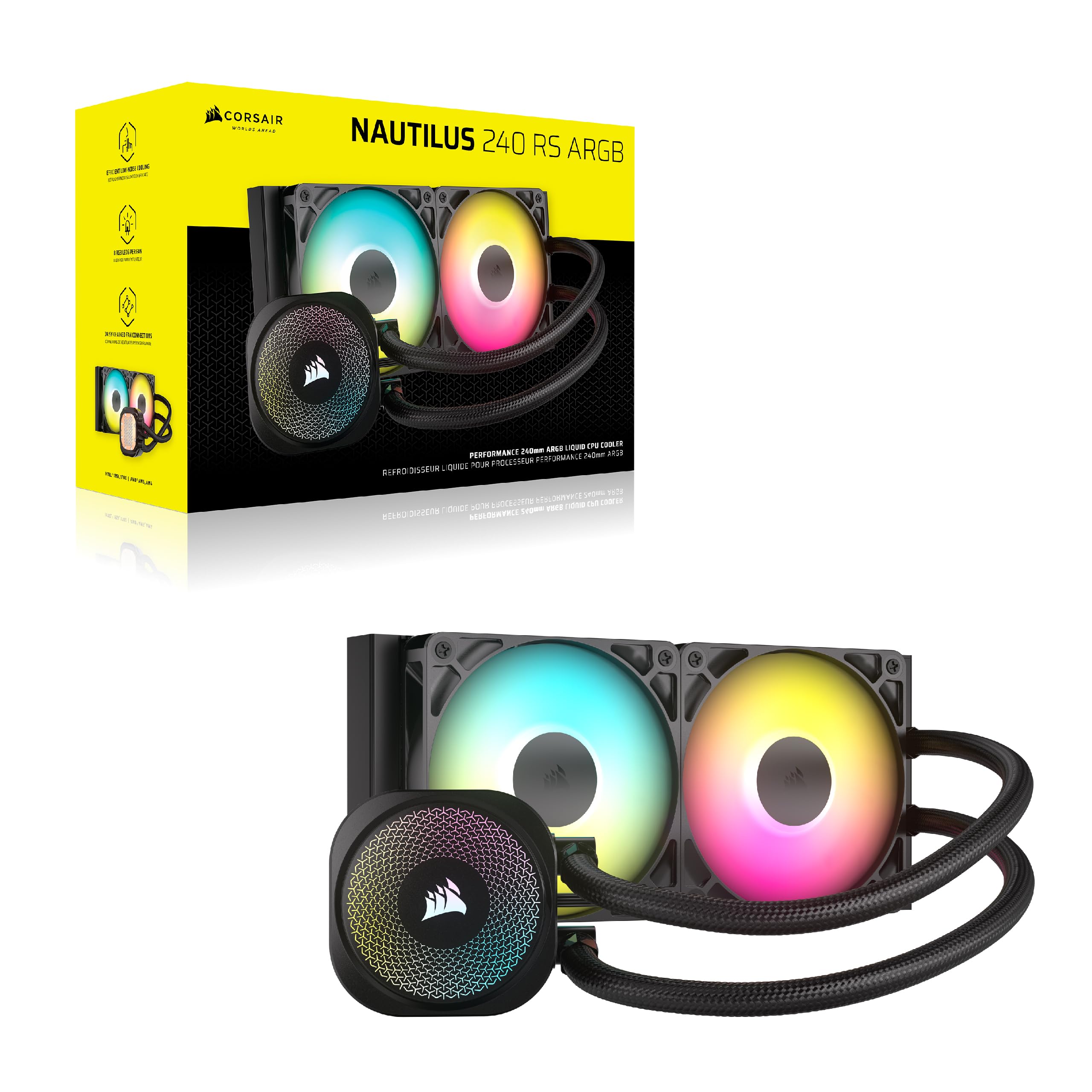 CORSAIR Nautilus 240 RS ARGB Liquid CPU Cooler - 240mm AIO Water Cooling System - Ultra Quiet Performance - Direct Motherboard Sync - Daisy-Chain RGB - Compatible with Intel LGA 1851/1700 & AMD AM5/AM4 - Includes 2X RS120 ARGB Fans - Black - Perfect for Gaming PCs and High-Performance Workstations