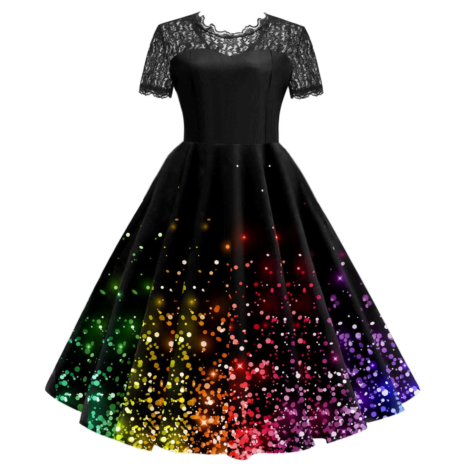 **Elegant Women's Lace Print Short Sleeve Swing Dress - Knee-Length Black Lace Skirt for Casual & Evening Wear**    **场景使用:** Perfect for date nights, parties, office wear, and special occasions.