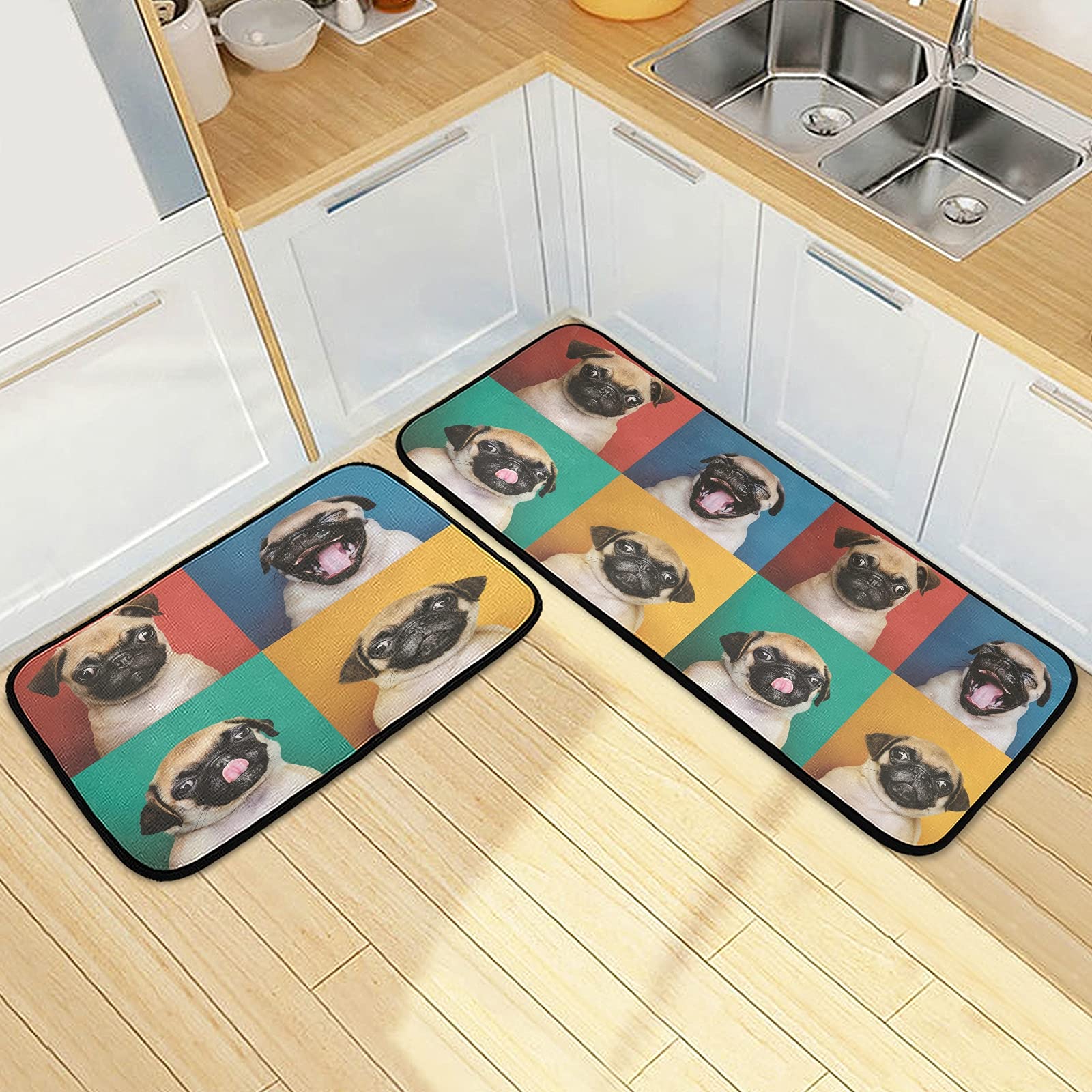 Funny Pug Kitchen Mat Set of 2 - Anti-Fatigue Non-Slip Washable Memory Foam Rugs - Cushioned Standing Mat for Office, Desk, Sink & Laundry - Perfect Home Decor for Dog Lovers & Pet Owners