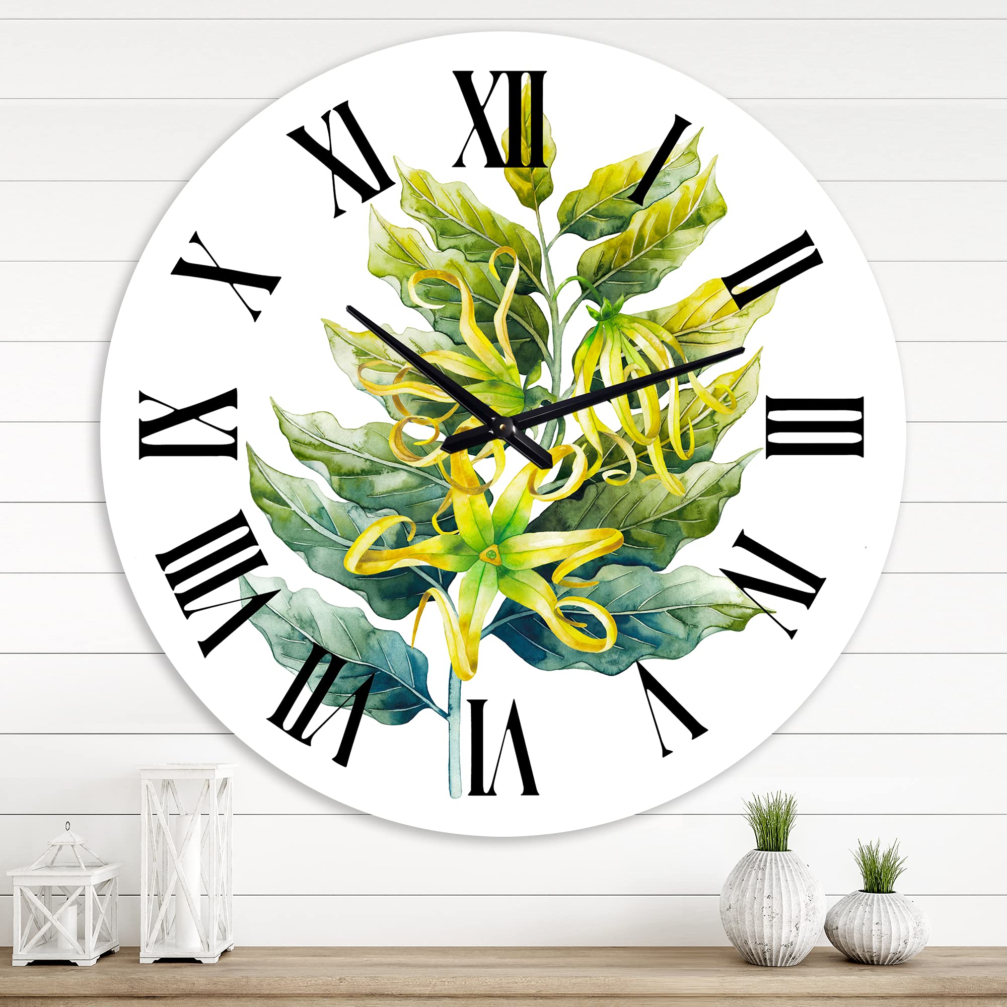 DesignQ Traditional Wall Clock 'Ylang Ylang Flower' - Large Floral & Botanical Wall Clock for Kitchen Decor - Perfect for Home, Office, and Living Room Décor