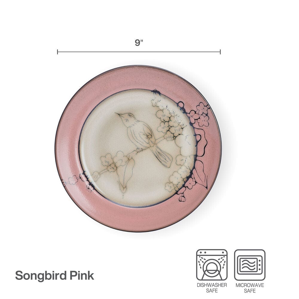 Song Bird Set of 4 Pink Salad Plates - Elegant Floral Design Dinnerware for Parties, Picnics & Home Decor