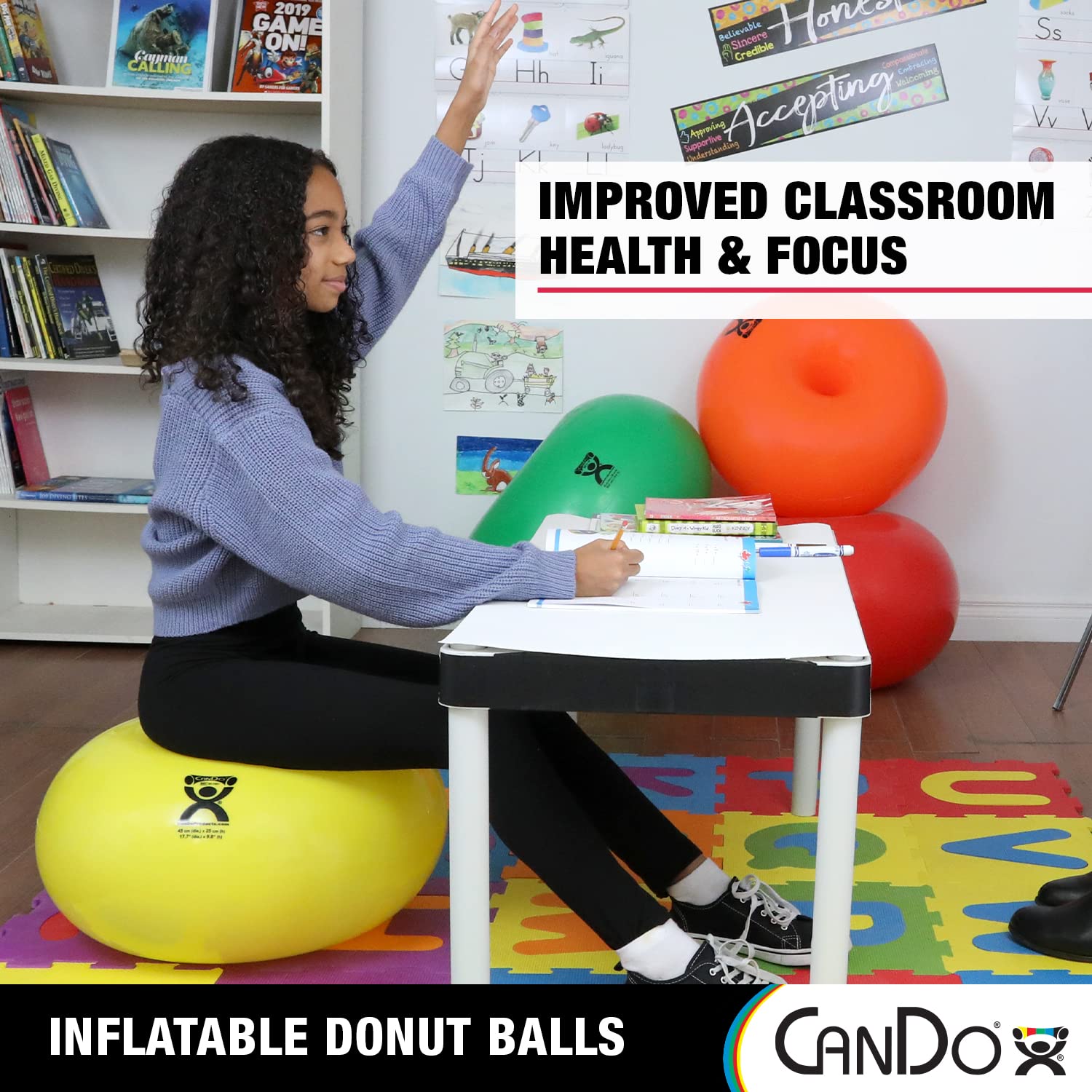 CANDO - 30-1955 Donut Exercise Ball for Core Training, Yoga, Pilates & Stability Workouts - 85cm x 45cm Blue Swiss Balance Ball for Gym, Office, Classroom & Home Fitness