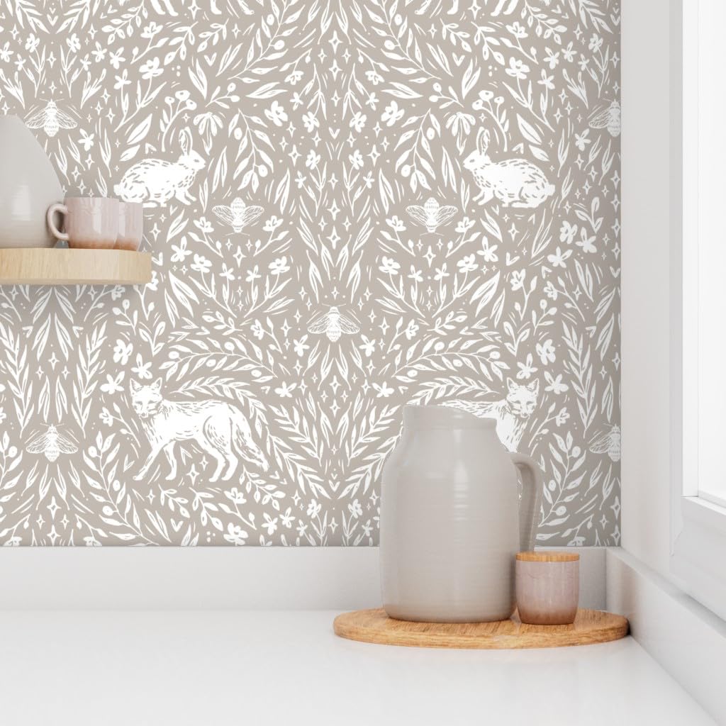 Scandinavian Woodland Ivory Tan Forest Rabbits Removable Wallpaper - 12ft x 2ft Pre-Pasted Peel & Stick Wallpaper for Nursery, Bedroom, Living Room Decor by Spoonflower