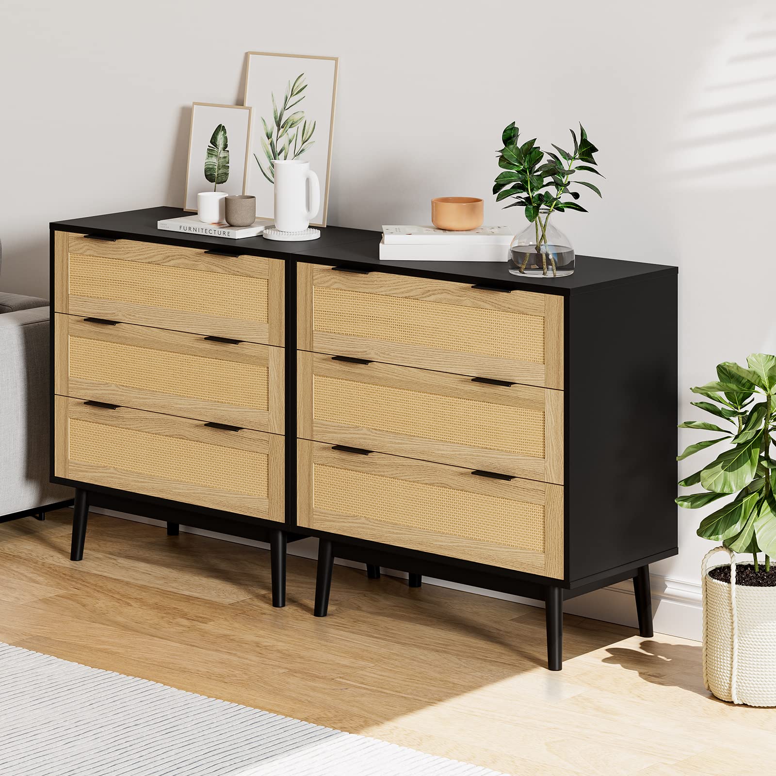 3 Drawer Dresser for Bedroom - Modern Wooden Chest of Drawers with Rattan Storage | Black Dresser Organizer for Closet, Living Room, Hallway & Entryway | Perfect for Bedroom Storage, Closet Organization & Home Decor