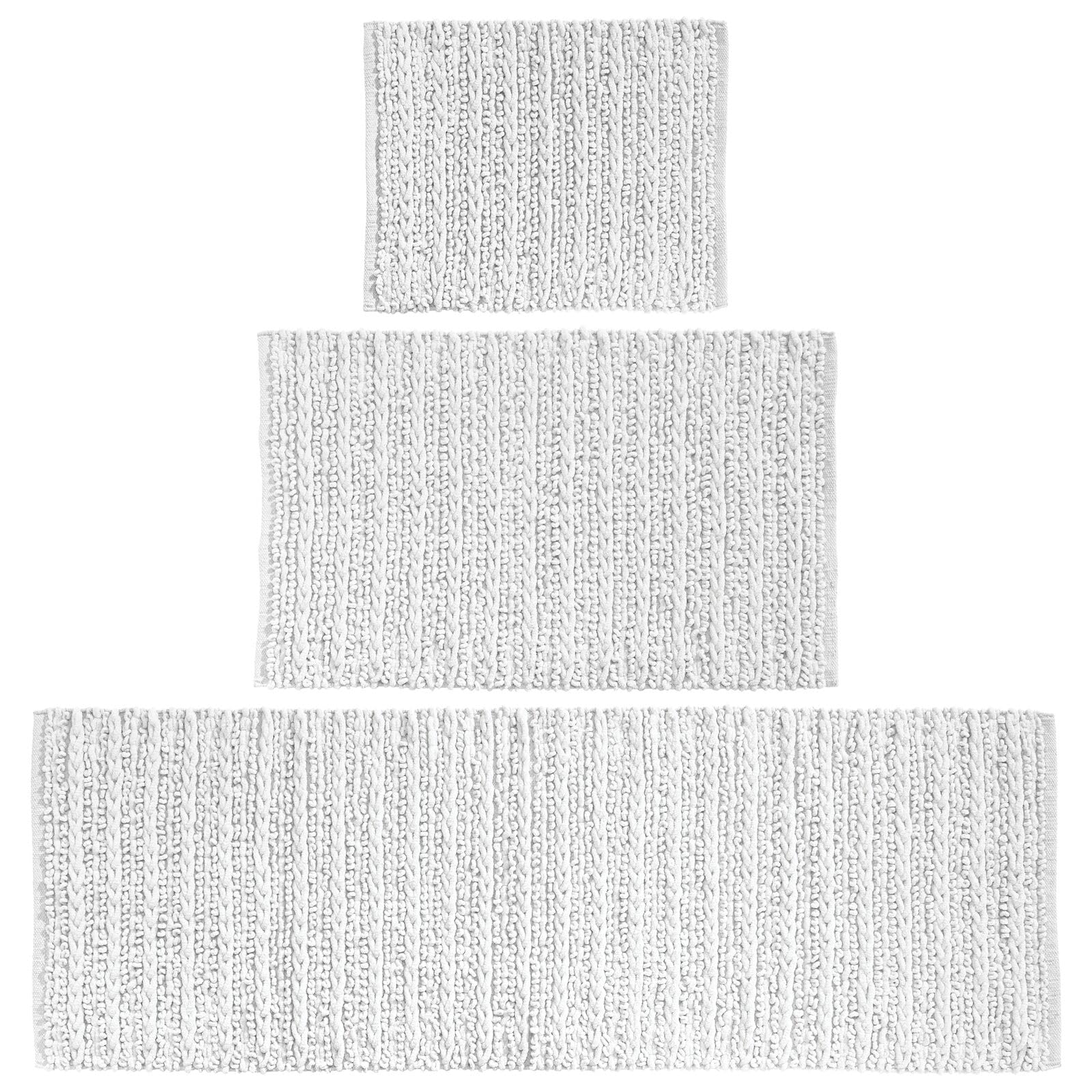mDesign 3-Piece Cotton Bathroom Rug Set - Absorbent Braided Bath Mat, Vanity Runner & Shower Mat for Master/Guest Bathrooms - Soft & Durable (White, Standard/Small Size) - Perfect for Bathroom Floor Protection & Spa-Style Comfort