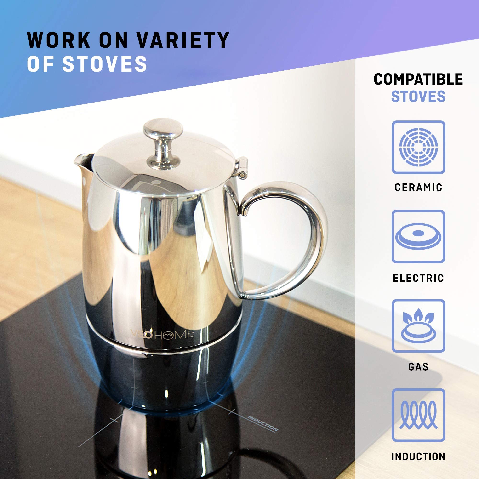 VeoHome Stovetop Espresso Coffee Maker - 300ml Stainless Steel Moka Pot for Gas, Electric & Induction Stoves | Perfect for Home, Office & Camping Coffee Brewing