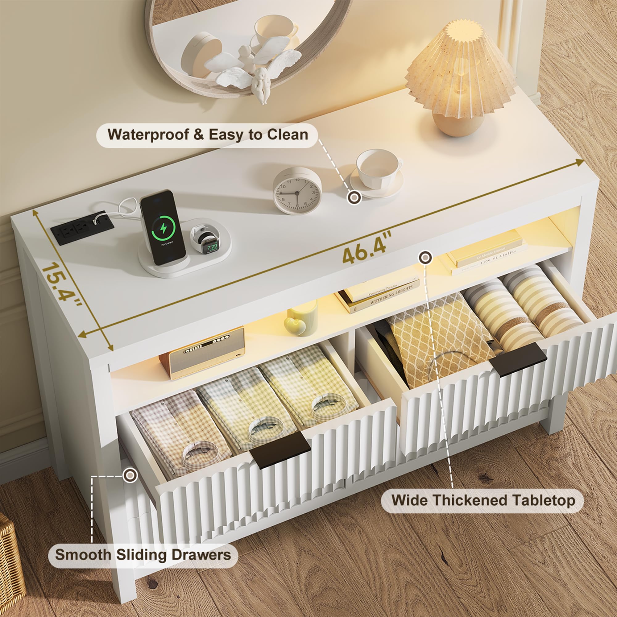 Modern 6-Drawer Fluted Dresser with Built-in Power Outlet & LED Lights - Wooden Chest of Drawers with Charging Station, Large TV Stand Dresser, Double Drawer Organizer for Bedroom, Living Room, Hallway (White) - Perfect for Contemporary Home Décor & Smart Device Charging