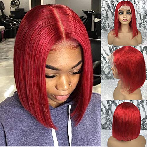 Dark Red Short Straight Bob Wigs Human Hair Lace Front Wigs 13X4 For Black Women - Brazilian Virgin Hair Remy Silky Bob Wigs 10 Inch 150% Density - Perfect for Daily Wear, Cosplay & Fashion Styling