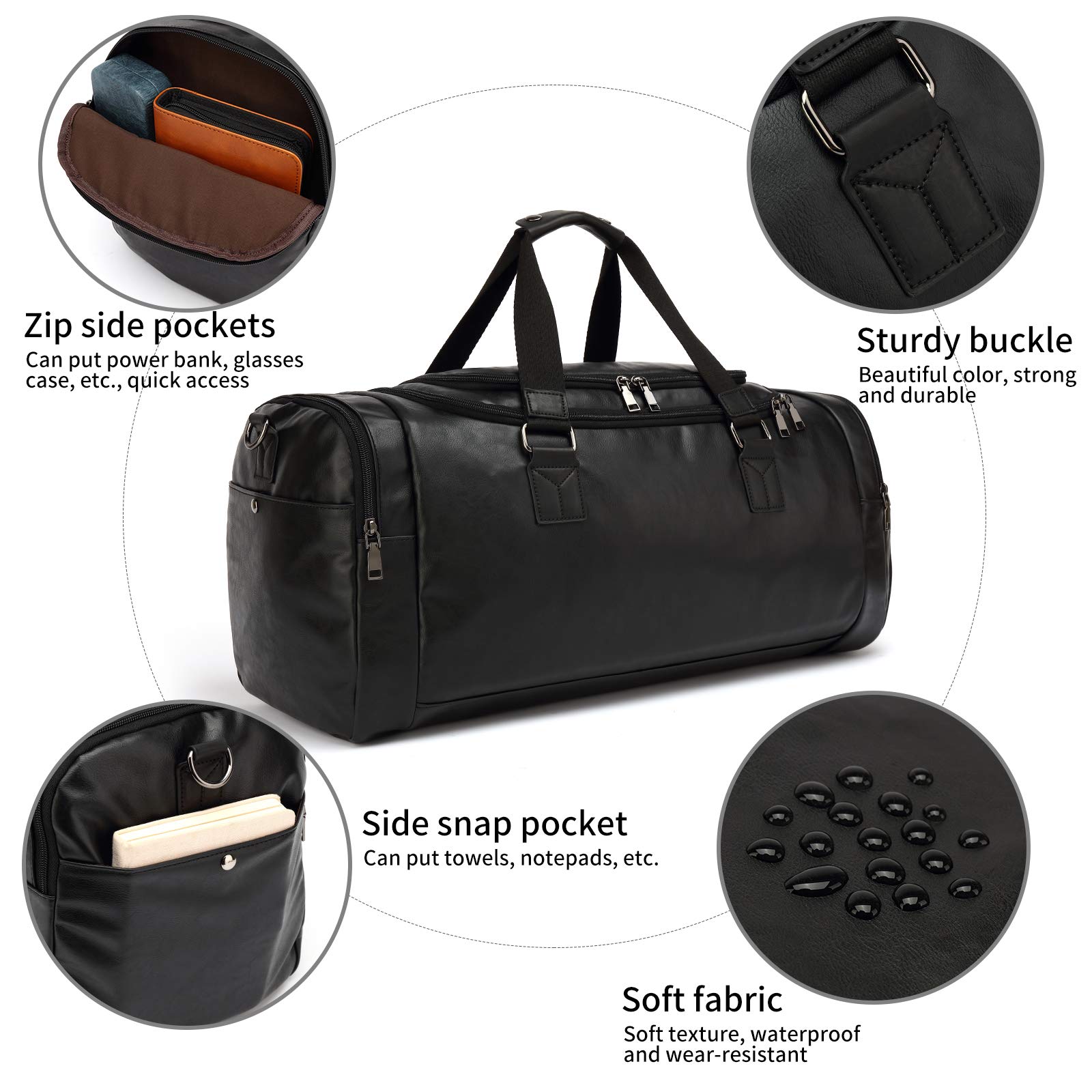 Premium Leather Travel Duffel Bag for Men & Women with Shoe Compartment - Water-Resistant Black Carry-On Luggage for Gym, Weekend Trips & Business Travel