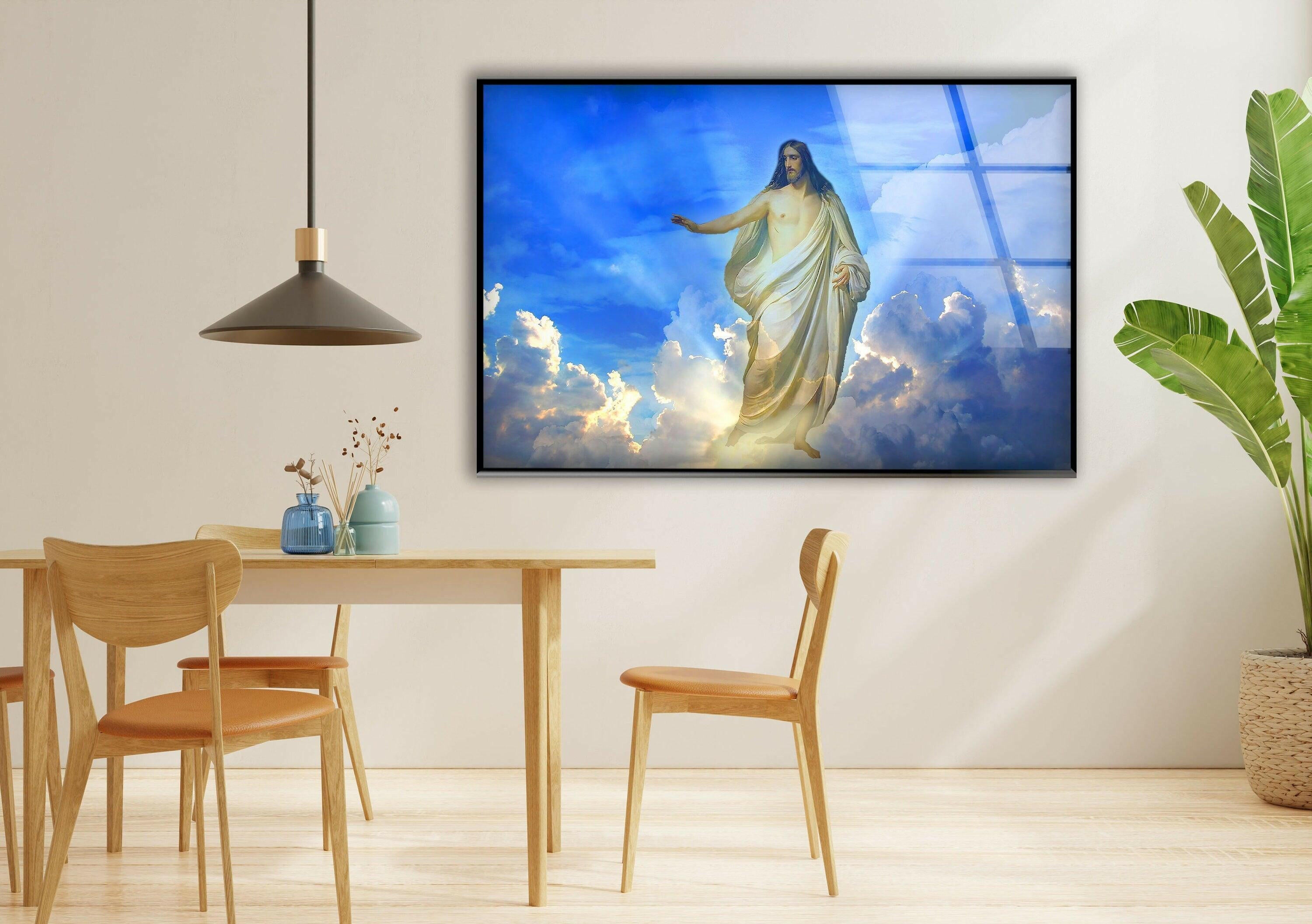 Blue Christian Jesus Cross Glass Wall Art - Handmade Religious Home Decor for Church, Bedroom & Office - Perfect Gift for Faithful Believers